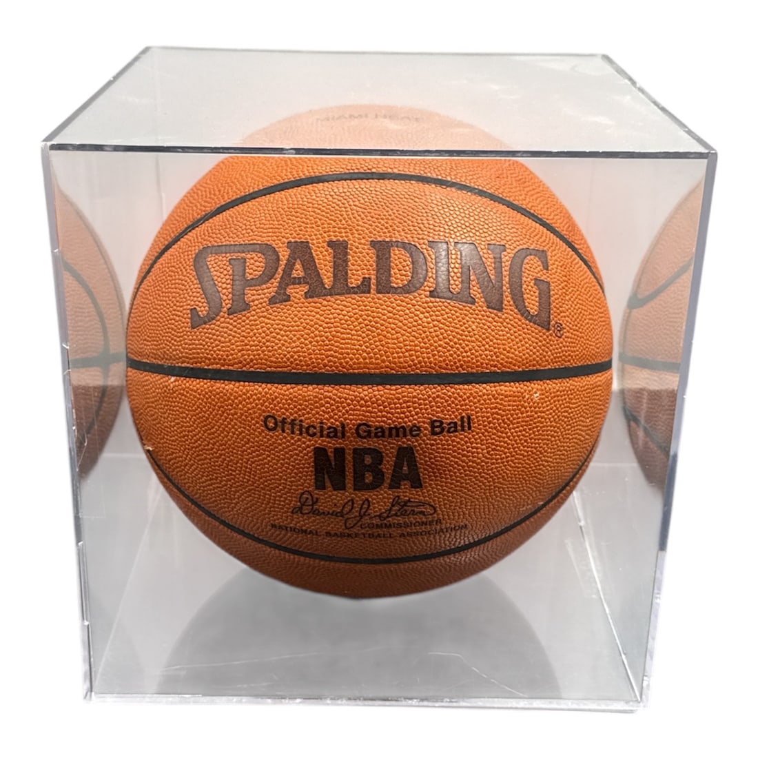 LeBron James Signed NBA Spalding Game Ball in Miami Heat Display Case: Official Spalding NBA game ball signed by LeBron James, featuring his bold autograph with jersey number inscription. Pr
