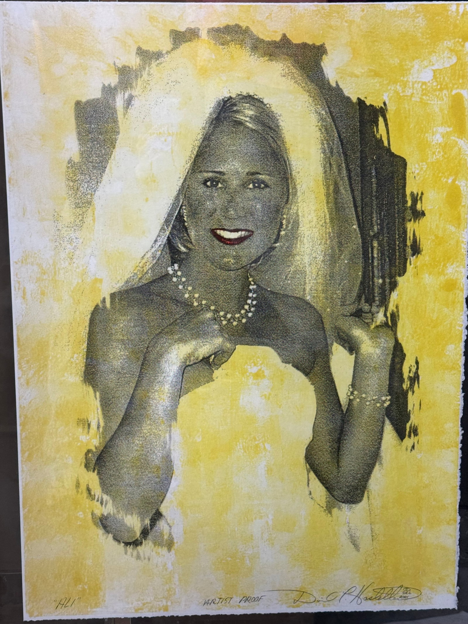 Artist Proof Portrait Suite Ali and Lynne: Set of four artist proof portrait prints featuring expressive figural compositions rendered in a bold yellow and black palette. The group includes two works titled Ali, one titled Lynne, and one title