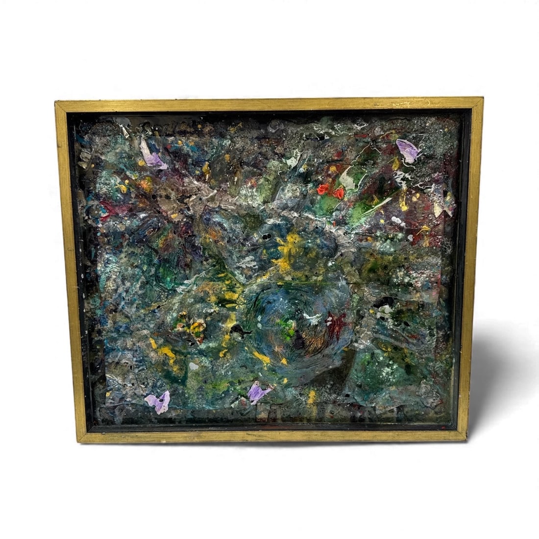 Pingo "Hard Walk": Textured mixed media painting by Pingo titled Hard Walk, featuring dense layered pigments, splattered color, and embedded elements that create a richly atmospheric abstract composition. Vibrant