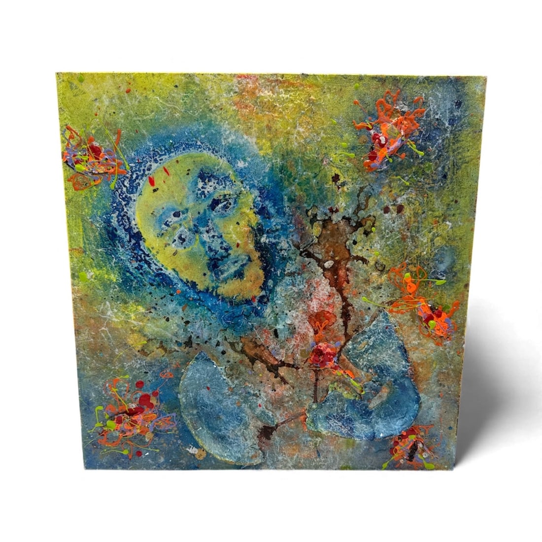 Pingo Blue Spirit: A vivid, high-energy composition featuring a luminous blue figure emerging from a textured field of yellow, green, and red. Dynamic splatters and layered pigments create a sense of motion and