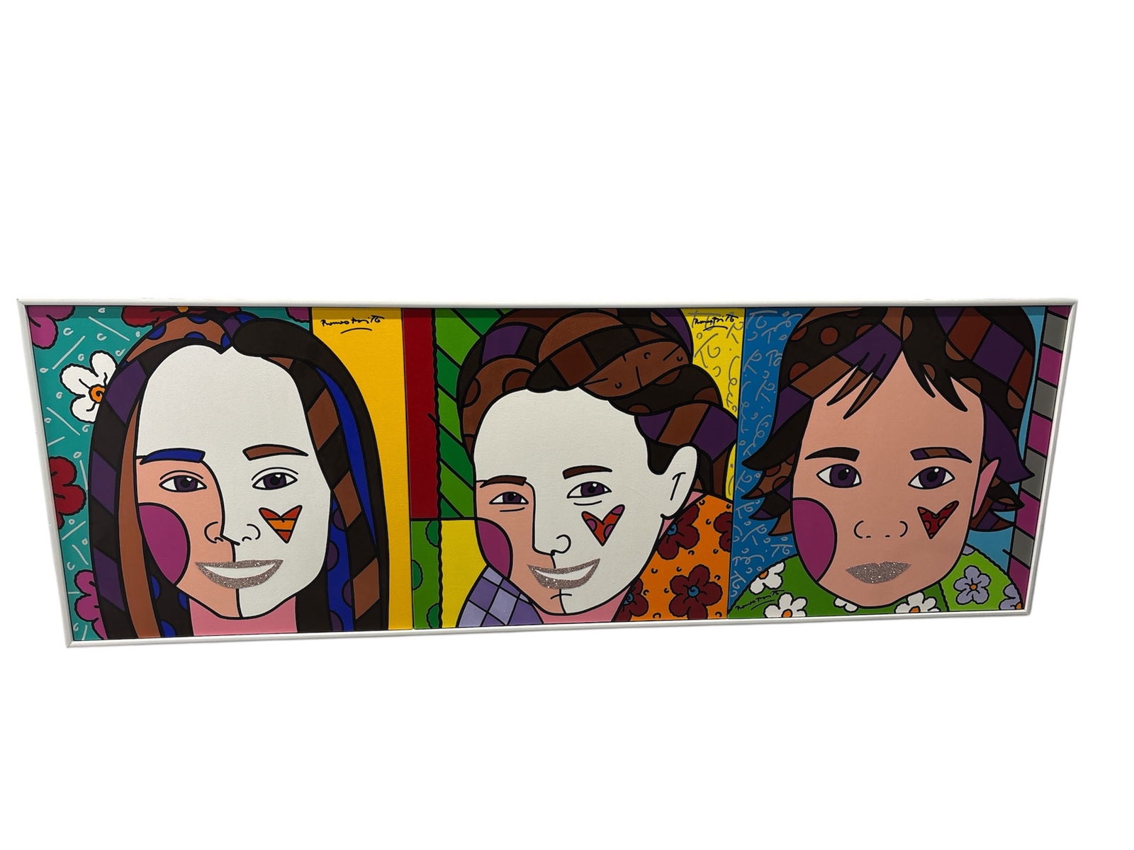 Romero Britto — Unique Original Acrylic on Canvas Triptych:  DescriptionA monumental and rare one-of-a
