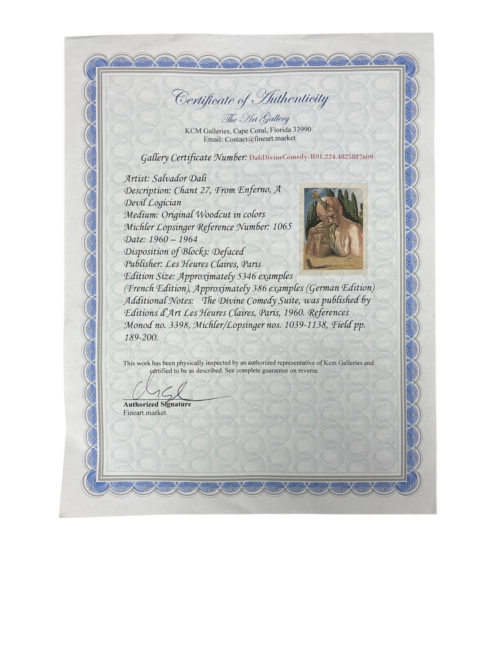 Salvador Dali (1904-1989) Original Color Woodcut, "The Logician Devil" (Enferno Canto 27), from The - 3