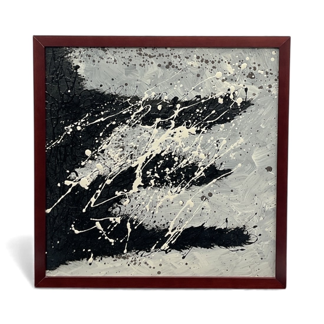 Miguel Angel-Jimenez Black and White Abstract: Bold monochromatic abstract painting featuring layered textures and energetic splatter patterns in black, white, and gray, reflecting Miguel Angel-Jimenez’s dynamic style.