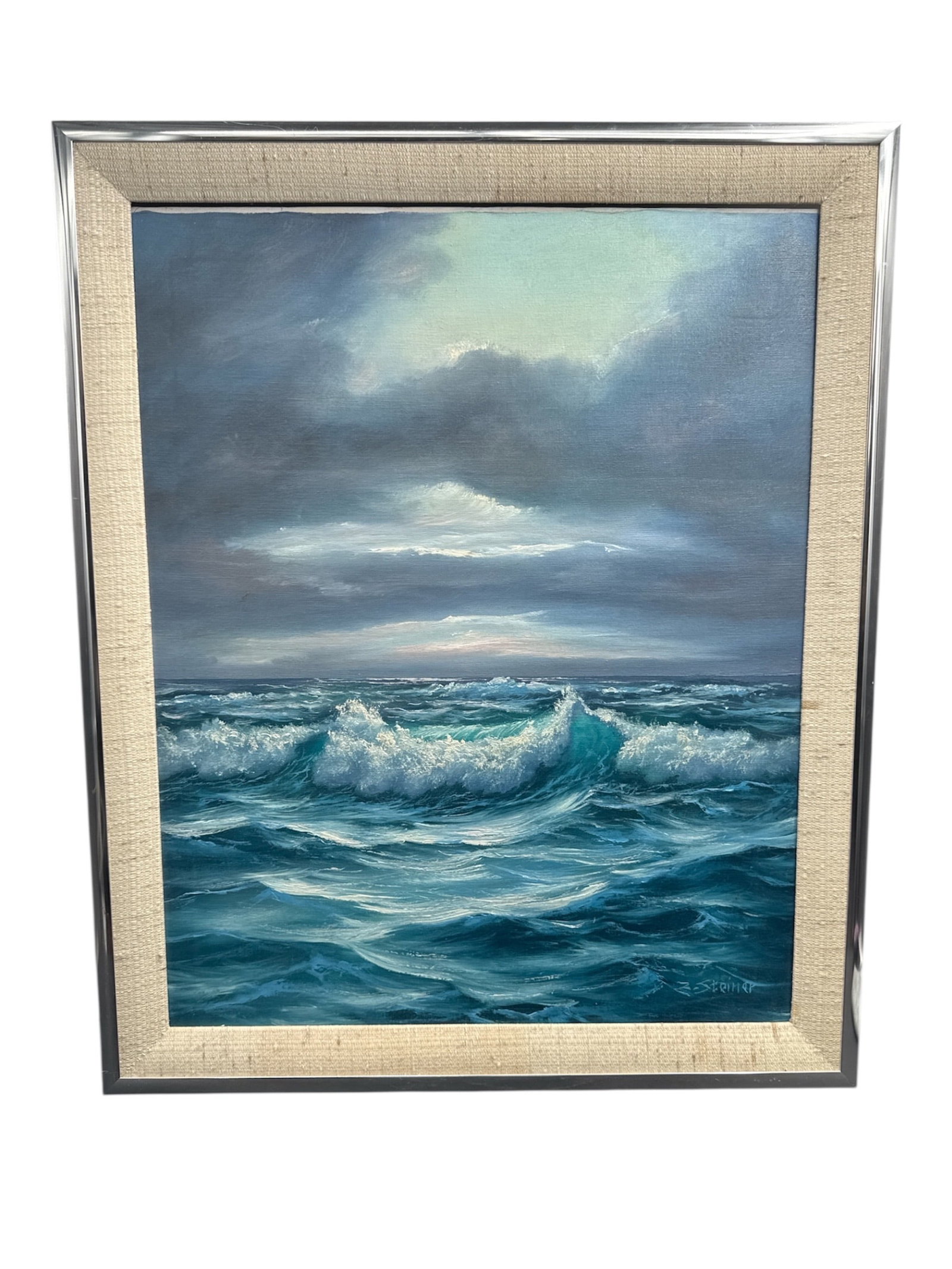 Z. Steiner Signed Seascape Painting with Crashing Waves: Original seascape painting by Z. Steiner depicting rolling ocean waves beneath a dramatic, cloud-filled sky. The composition captures movement and atmosphere through layered blue and teal tones with t