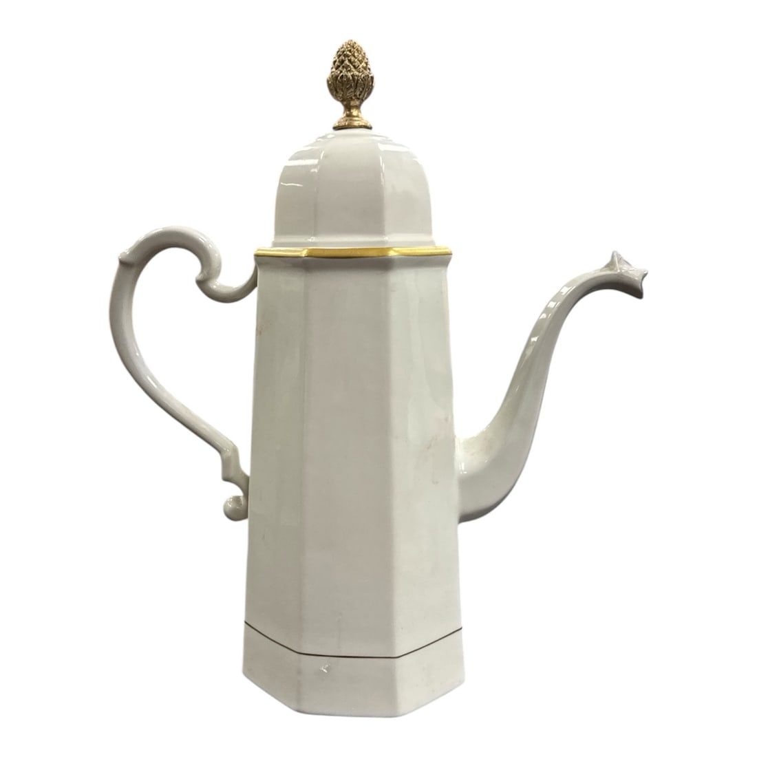 Octagonal Porcelain Coffee Pot with Gilt Accents and Pinecone Finial: Elegant tall porcelain coffee pot featuring an octagonal body with sculptural handle and spout, accented by subtle gilt trim around the neck. The lid is topped with a decorative pinecone-form finial,