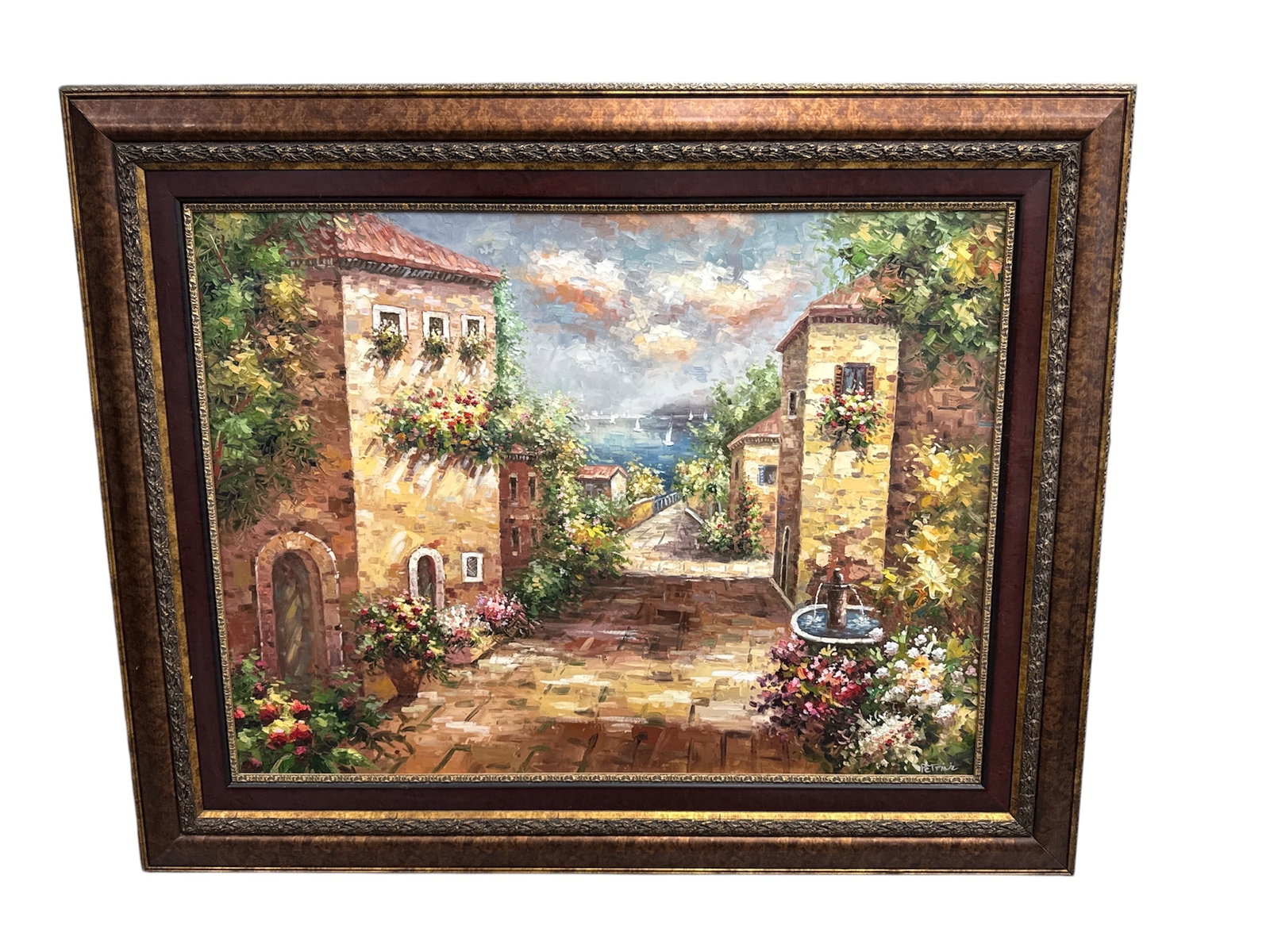 Monumental Italian Coastal Village Scene, Signed "Petrini" (20th Century, Oil on Canvas) (1 of 2)