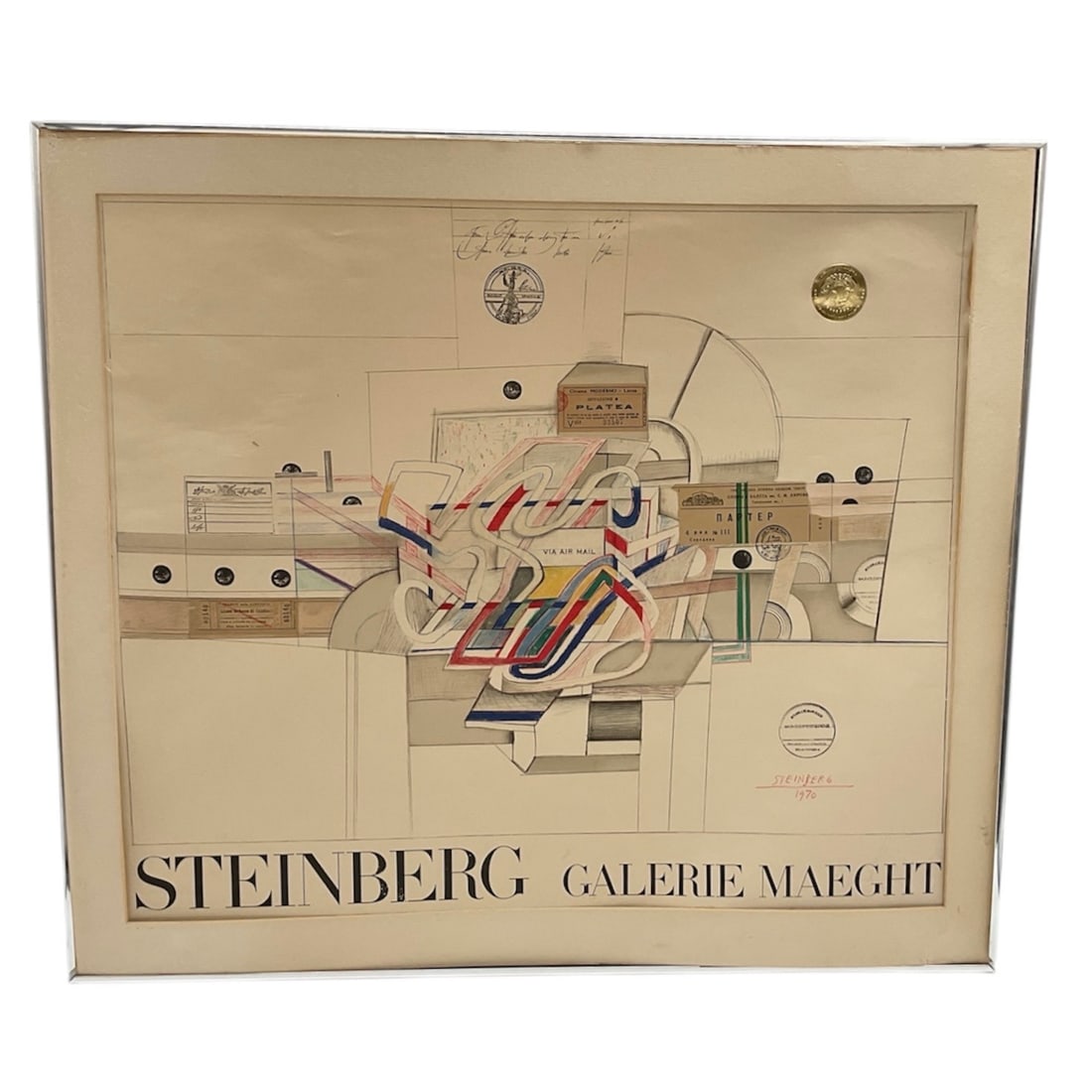 Steinberg Galerie Maeght 1970 Abstract Composition: This framed abstract composition by Saul Steinberg, published in collaboration with Galerie Maeght in 1970, exemplifies the artist’s distinctive blend of conceptual drawing, architectural form,
