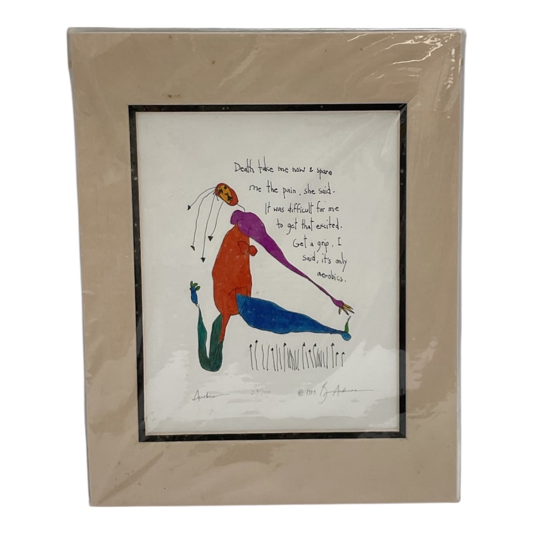 Aerobics by Brian Andreas, "Story People" 23/100 - Signed: This whimsical mixed media illustration titled Aerobics presents a stylized elongated figure rendered in bold, expressive colors with playful line work and handwritten text integrated into the composi