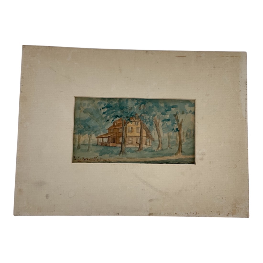Little Brown Nest: This early 20th century watercolor titled Little Brown Nest is dated 1909 and depicts a quiet residential scene set among tall, leafy trees. Executed in soft, atmospheric tones of blue, green, and war