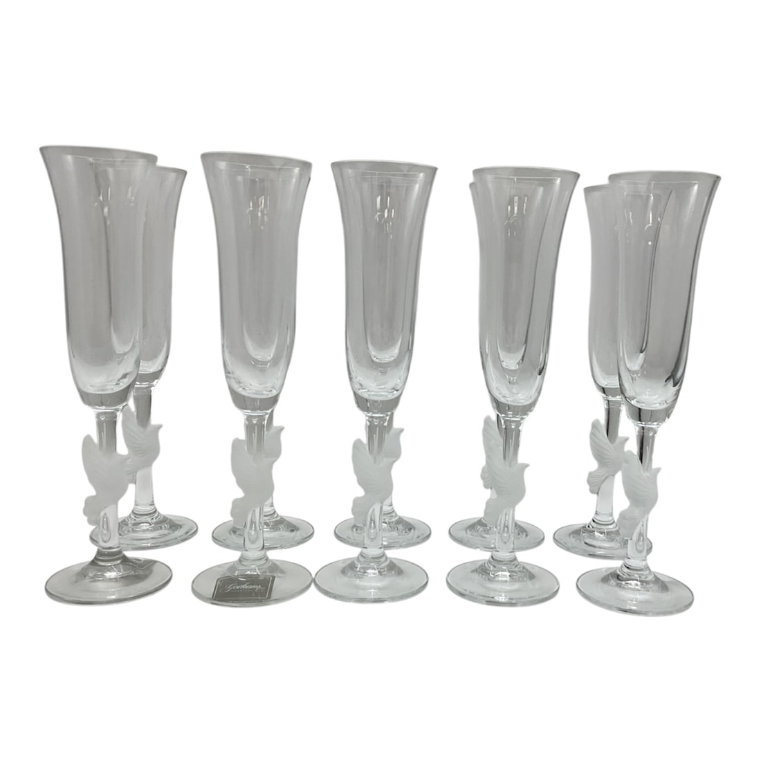 Wedding Doves Dove Stemmed Champagne Flutes Set of Ten Made in Germany: This elegant set of ten Wedding Doves stemmed champagne flutes features a distinctive sculptural dove motif at the stem, creating a romantic and celebratory presentation ideal for weddings, anniversar