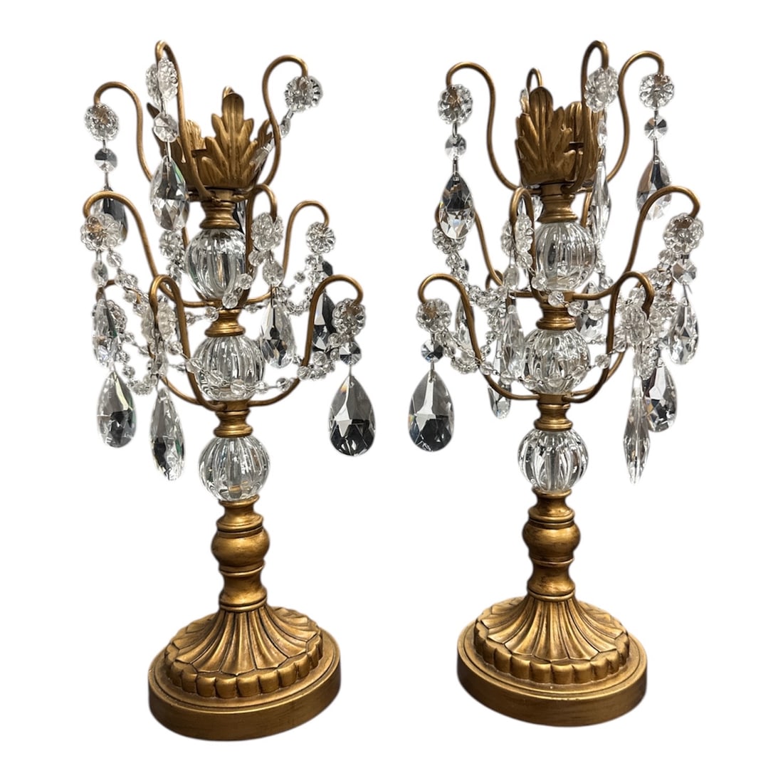 Pair of Vintage Brass and Marble Three-Light Candelabra Lamps with Crystal Prisms (1 of 2)