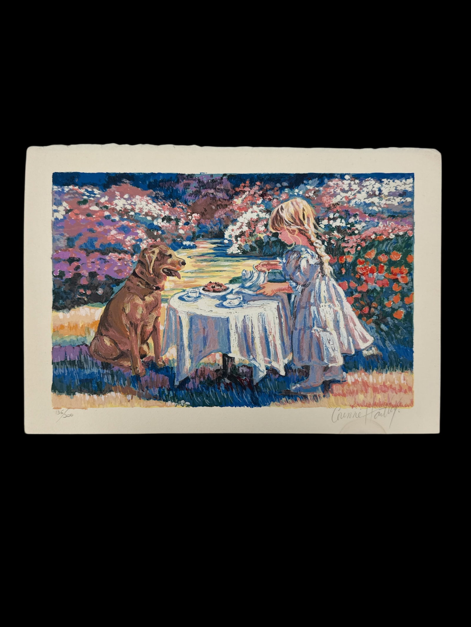 Corinne Hartley Lithograph, Girl and Dog Tea Party, Signed & Numbered: Corinne Hartley limited edition lithograph depicting a young girl having a tea party with her dog. Hand signed in the lower right and numbered 136/300 in the lower left. Dimensions: 11 x 16 inches.