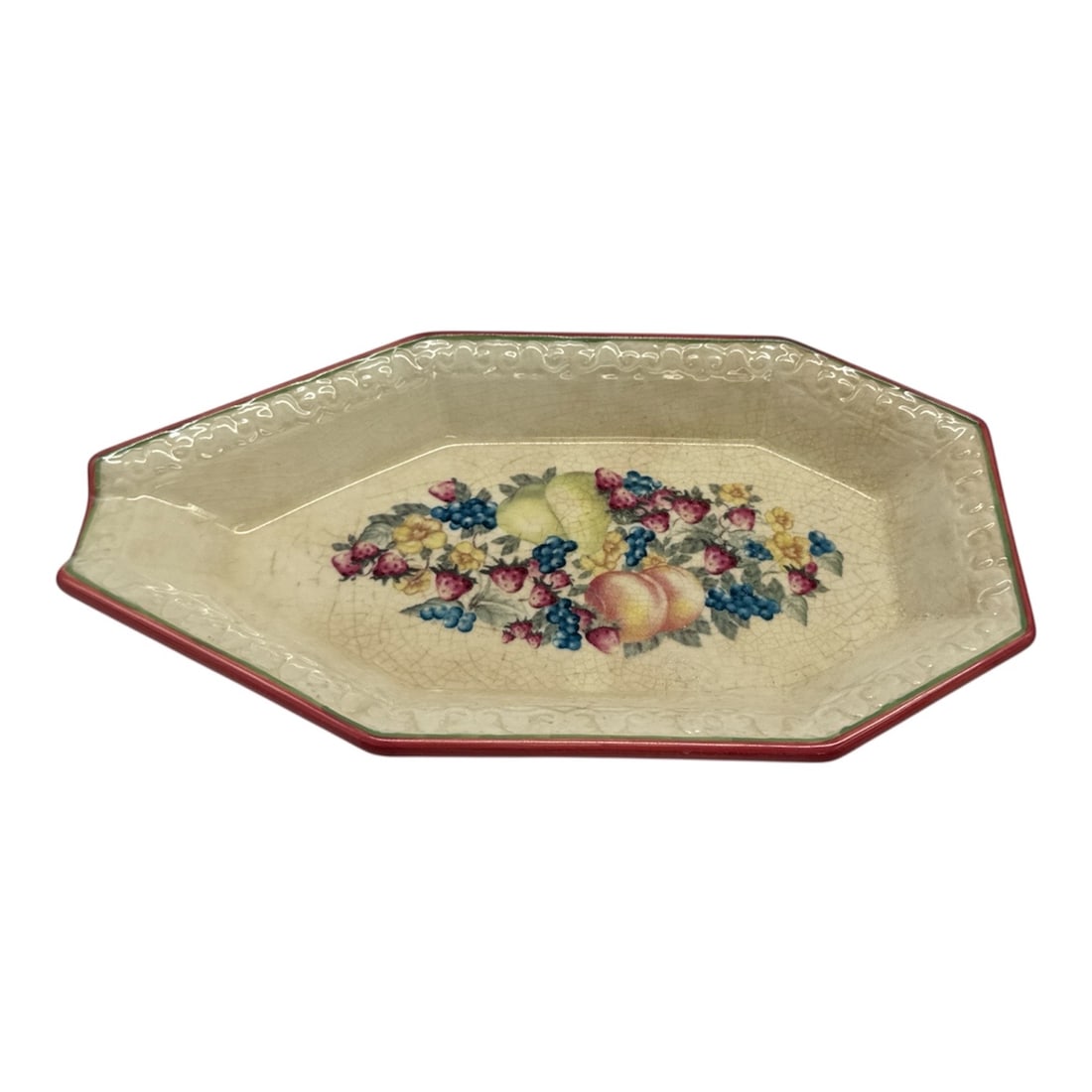 Avon “Sweet Country Harvest?? Porcelain Serving Tray: Charming octagonal porcelain serving tray from the Avon Sweet Country Harvest collection, featuring a central fruit and floral bouquet motif with an embossed border an