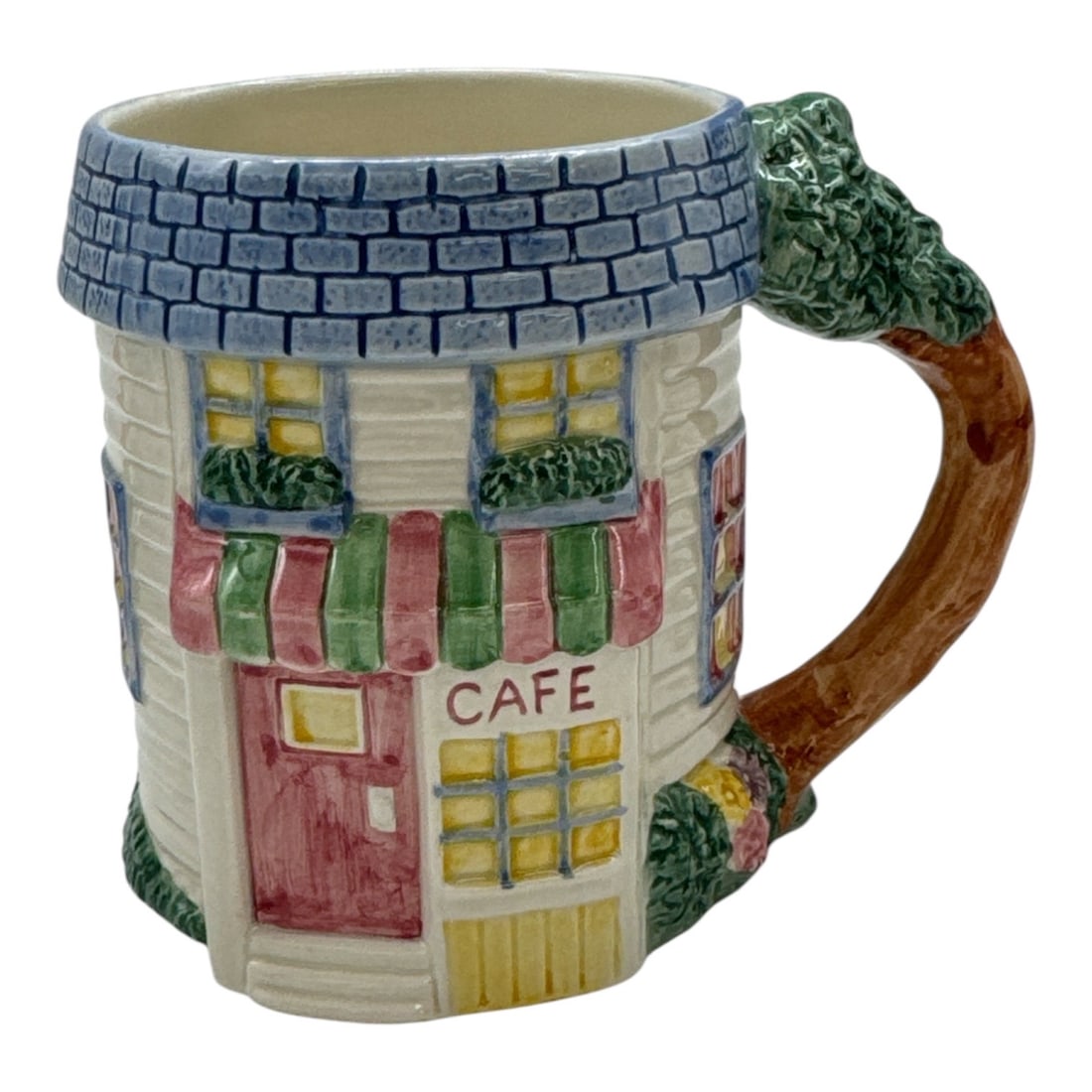 Omnibus Fitz and Floyd “Café?? Collectible Mug (1995): Whimsical ceramic mug from the Omnibus by Fitz and Floyd collection, dated 1995. Designed in the form of a charming caf
