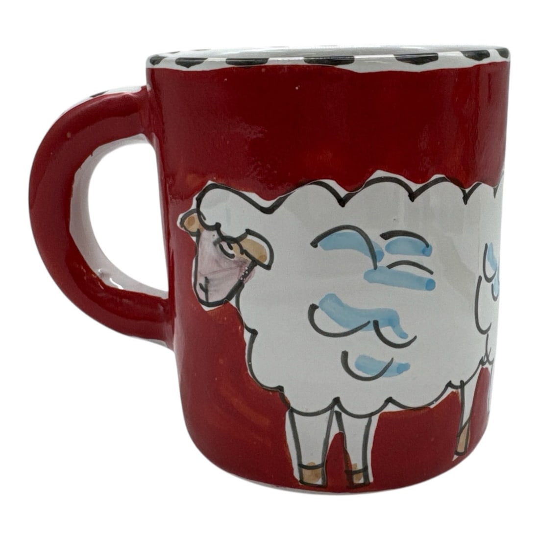 Italian Hand-Painted Folk Art Mug with Sheep and Flower Motifs: Charming ceramic mug made in Italy, featuring a cheerful hand-painted folk art design with a whimsical sheep motif on one side and a bright floral decoration on the oth