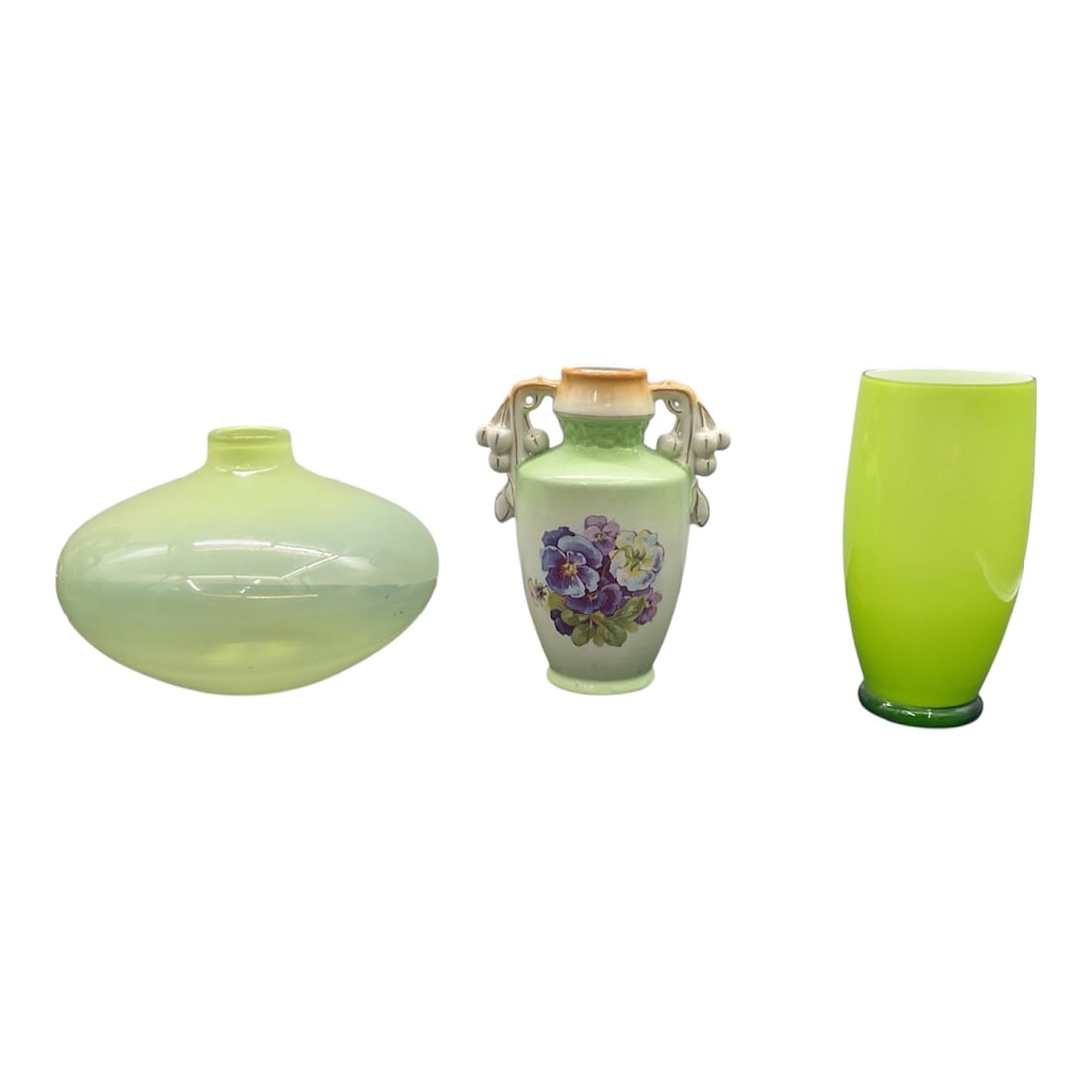 Group of Three Green Art Glass and Porcelain Vases (1 of 4)