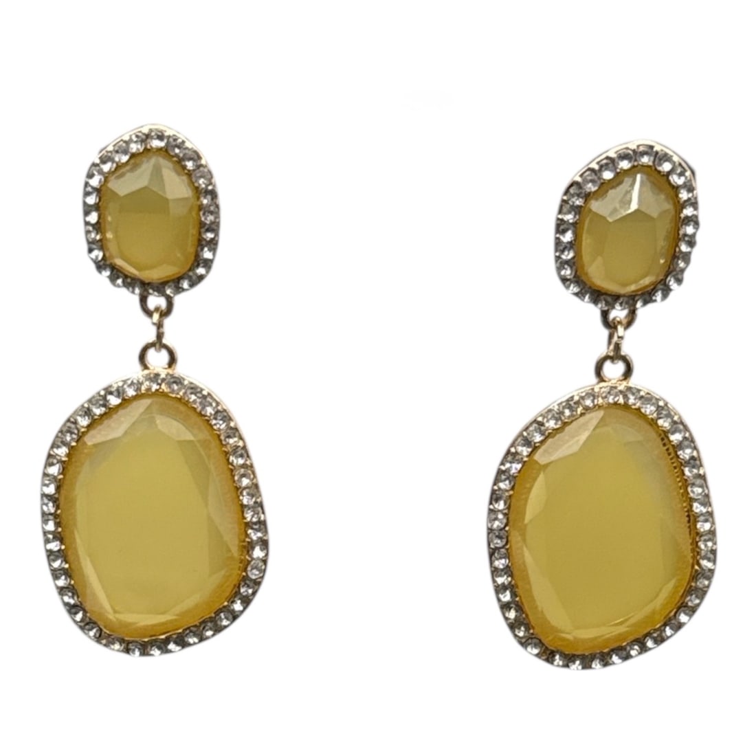 Yellow Cat's Eye Stone Dangle Earrings: These yellow cat's eye stone dangle earrings feature a gold-plated setting adorned with cubic zirconia pave accents