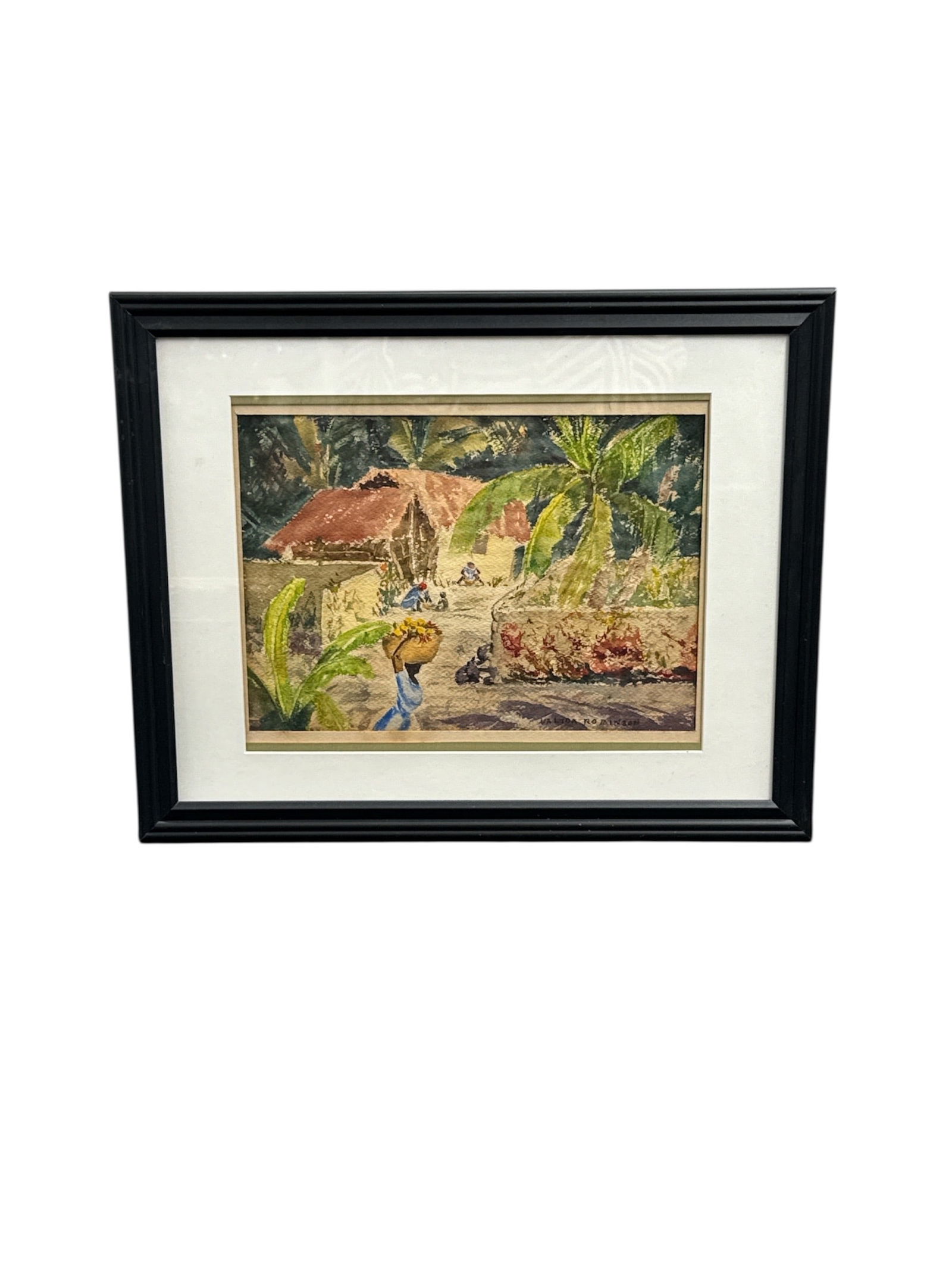 Valida Robinson Framed Landscape Painting Tropical Village Scene: This framed painting depicts a vibrant tropical village landscape with figures, palm trees, and thatched-roof structures rendered in rich, textured brushwork. The composition reflects a lively island