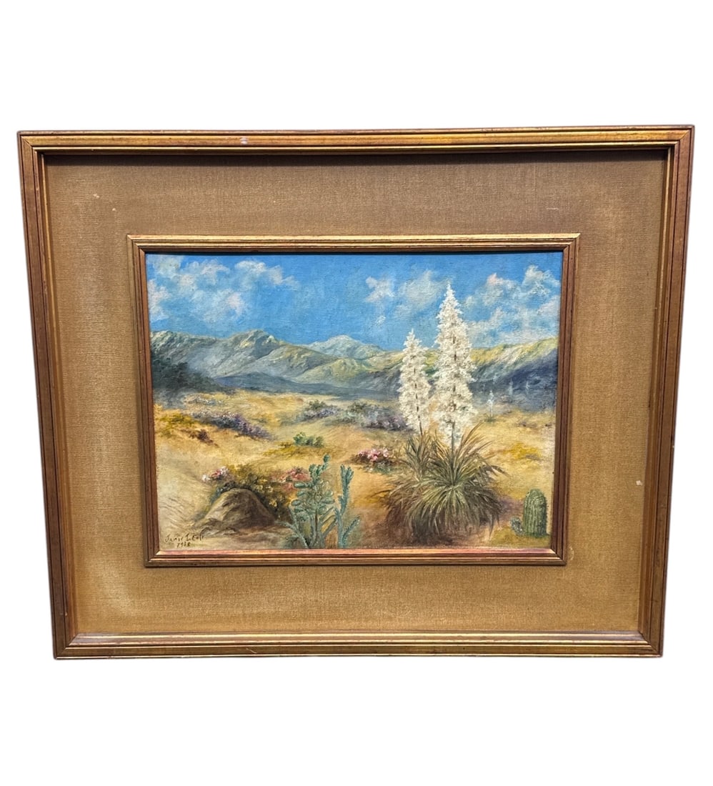 Jaime L. Cole (b. c. 1910s) American, Desert Bloom: Yucca Flowers, 1935, Oil on Canvas: Description: This is a stunning, original oil painting on canvas by American artist Jaime L. Cole, dated 1935. The piece captu