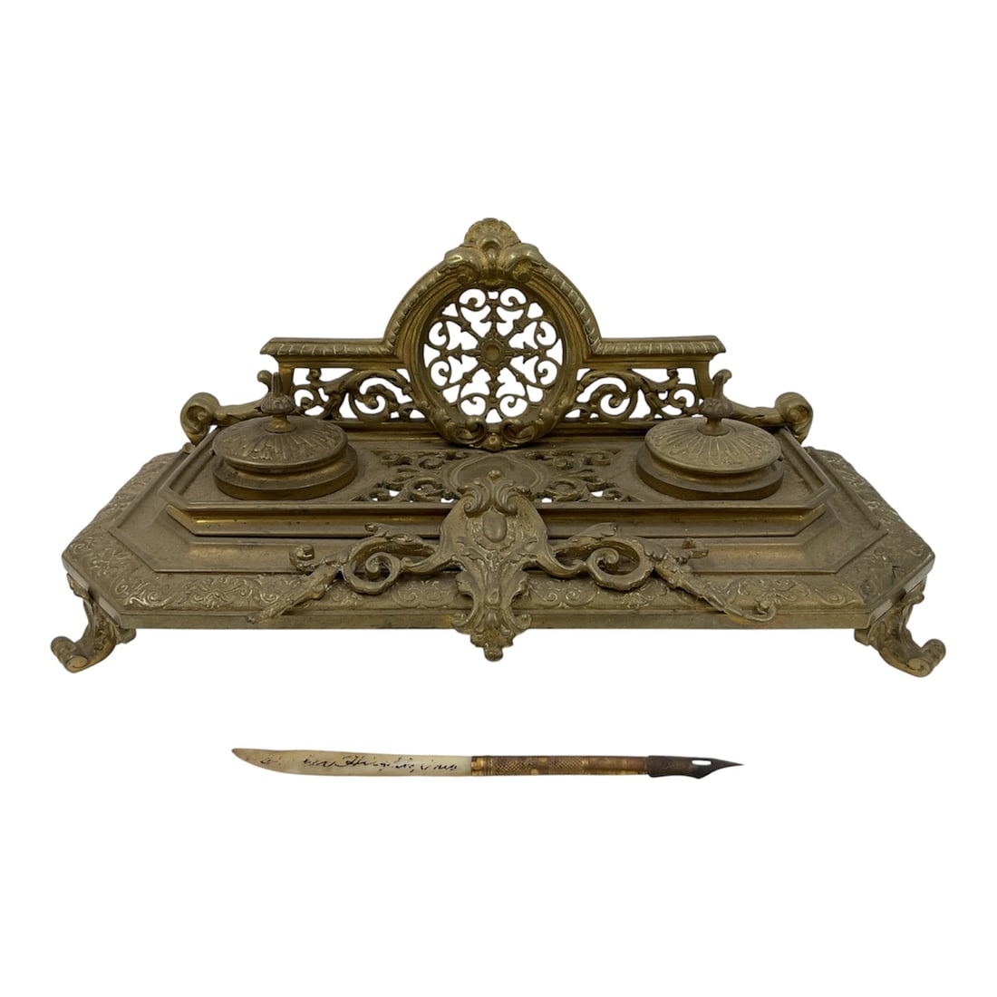 Antique Metal Double Inkwell Desk Set with Fountain Pen (1 of 5)