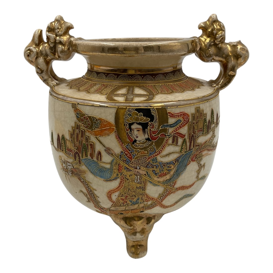 Vintage Japanese Meiji Satsuma Incense Burner: A vintage Japanese Satsuma incense burner decorated in traditional polychrome enamels with gilt accents. The vessel features figural and landscape scenes rendered in fine detail, with a crackle-glazed