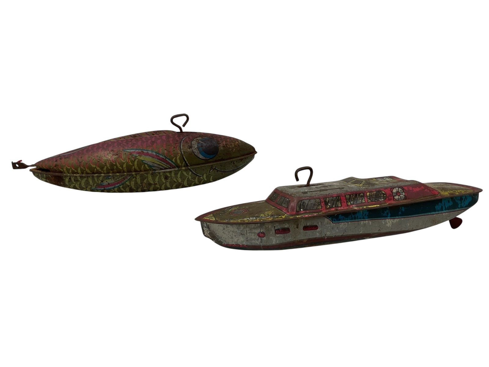 Vintage Tin Litho Wind Up Toys Fish Boat and J. Chein Mark I Luxury Yacht: A pair of vintage tin lithographed wind-up toys consisting of a fish-shaped boat and a Mark I luxury yacht speed boat produced by J. Chein & Co. Both toys feature colorful lithographed detailing a