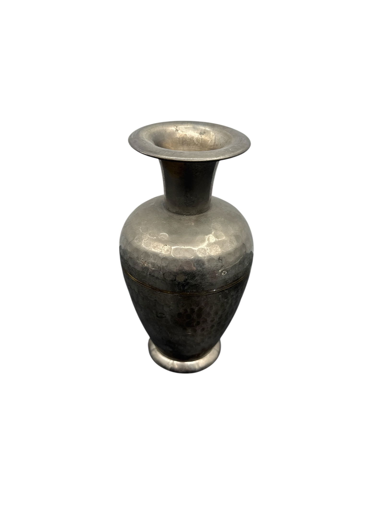 Hammered Metal Vase: Hammered metal vase with a narrow neck and flared lip. Dimensions: 7 inches high, 4 inches wide.
