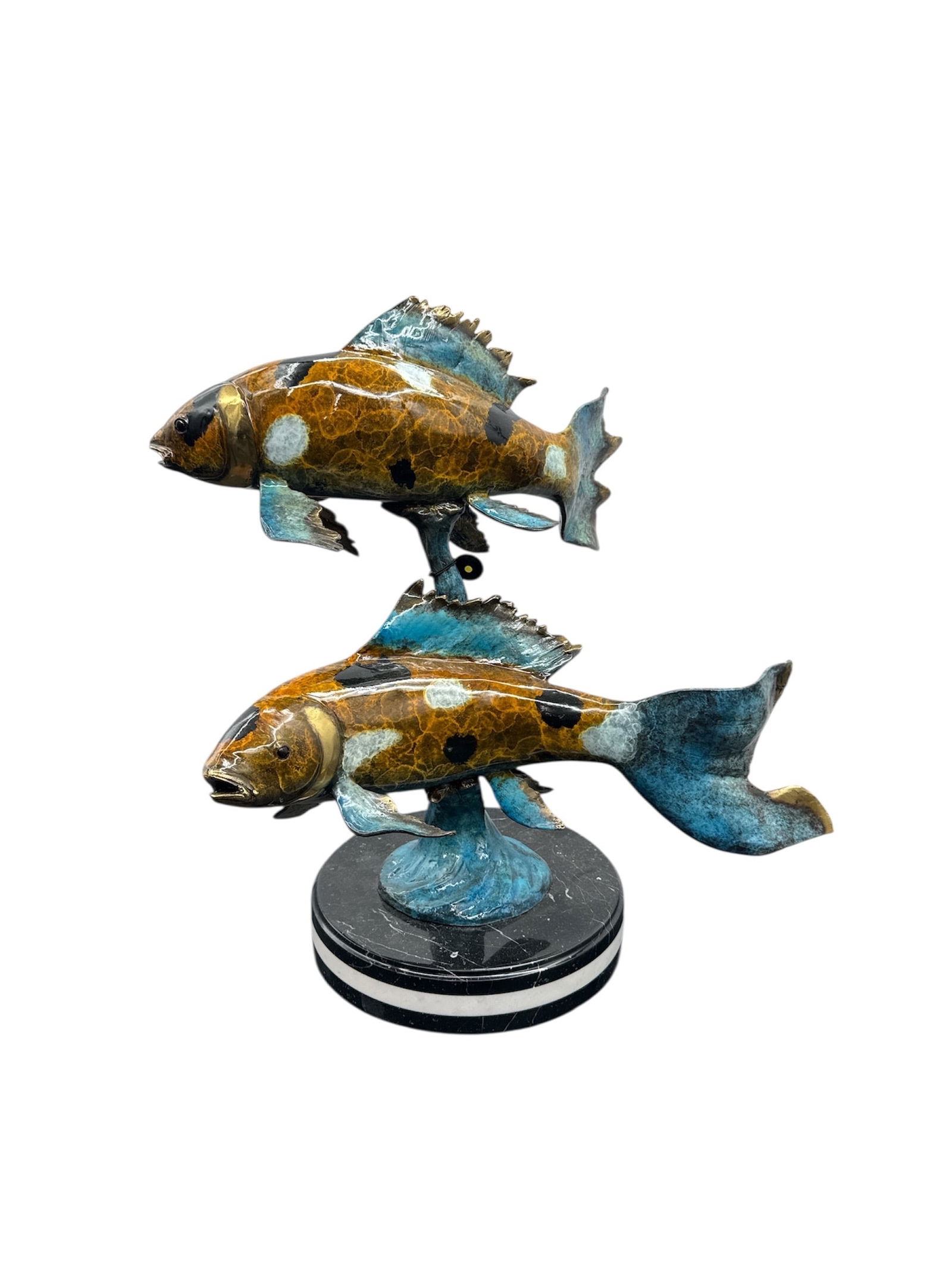 Bronze Koi Fish Sculpture: Bronze sculpture of two koi fish with polychromatic patina. Mounted on a marble base. Signed and numbered 026/300. Dimensions: H 23 in, L 20 in, W 12 in.