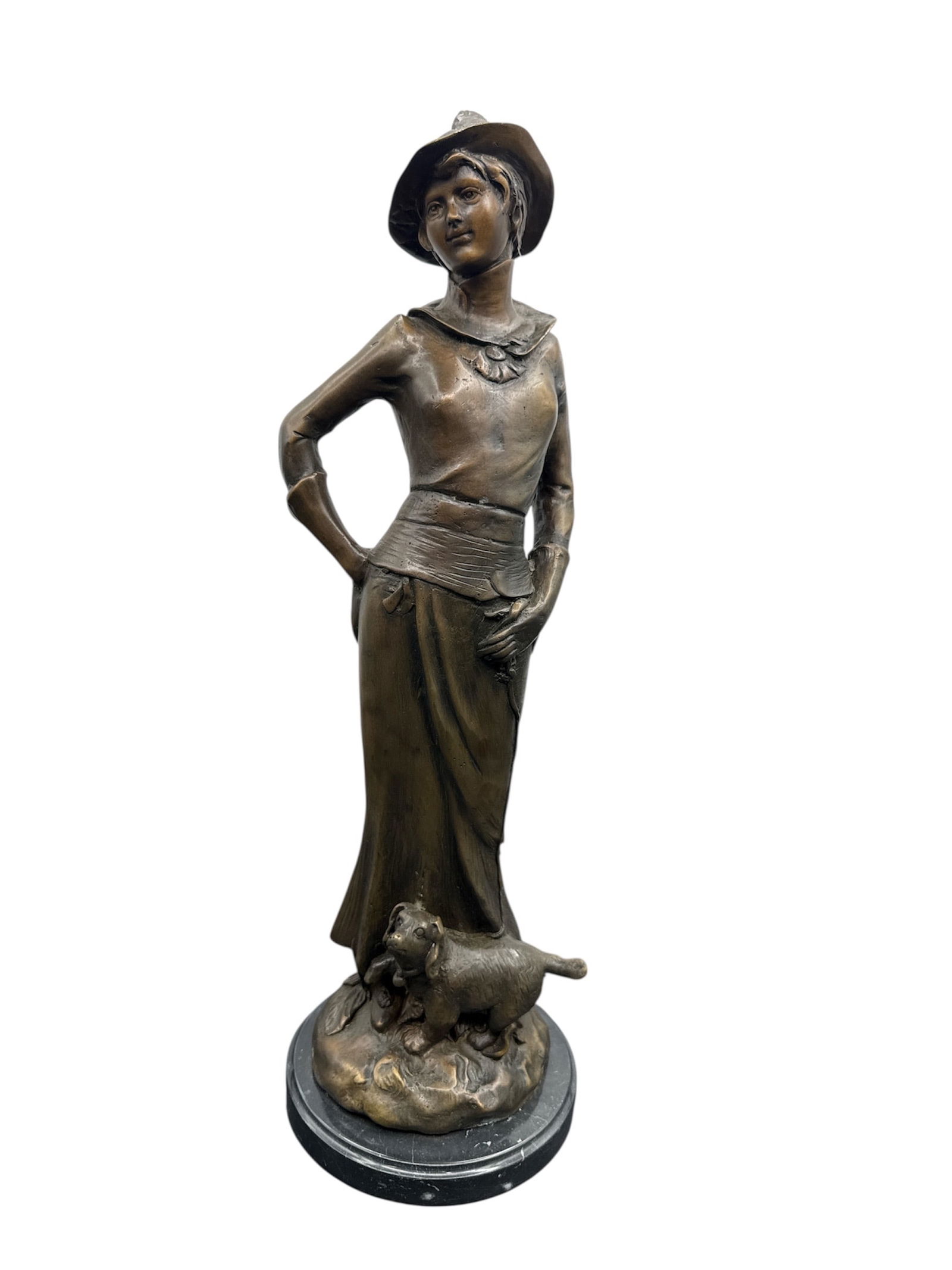 Bronze Sculpture of Woman with Dog, Signed: Bronze sculpture depicting a woman in period attire with a dog at her feet. Signed 'G. Monetti' on the base. Mounted on a marble base. Dimensions: H: 22 in, L: 7 in, W: 7 in.