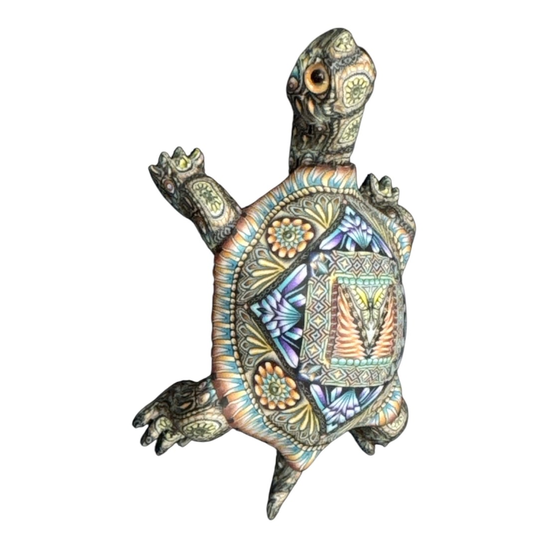 Turtle Mama by Jon Stewart Anderson: Artist: Jon Stuart Anderson.Material: Meticulously handcrafted from polymer clay using a specialized "millefiori" technique, where complex patterns are built into canes