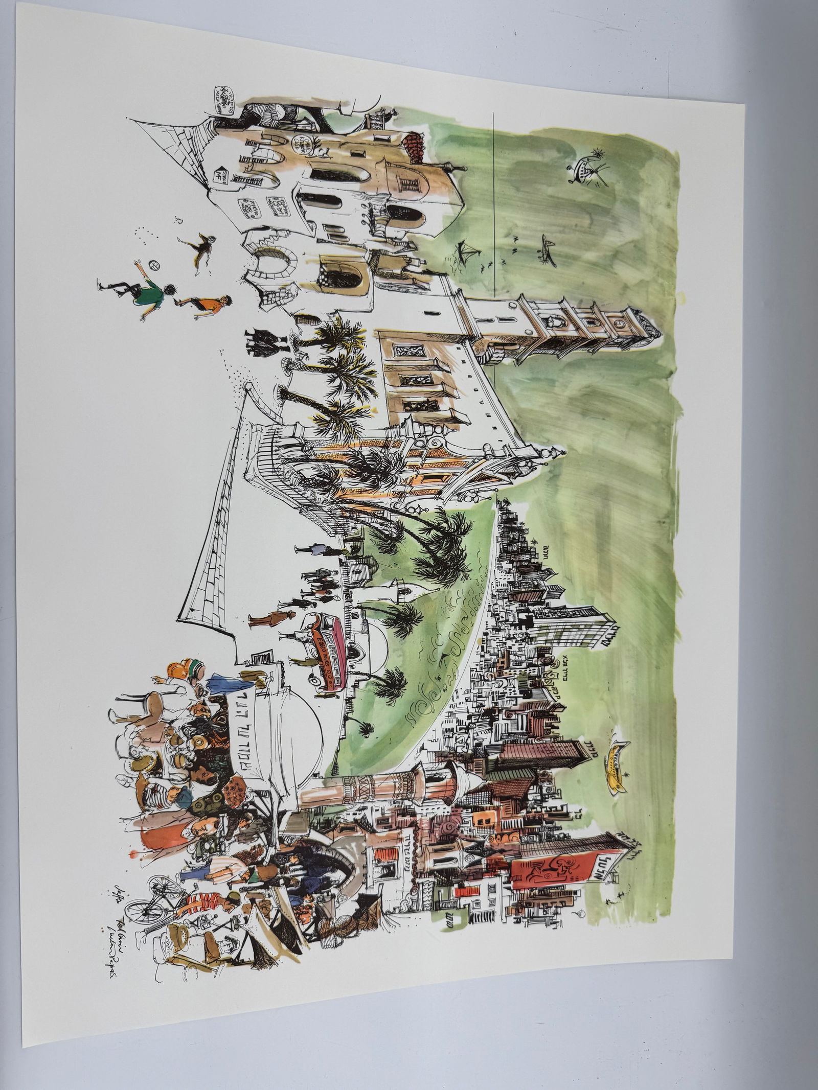 Tel Aviv Israel, Signed by Papas: Print depicts a whimsical scene with buildings, boats, and figures. Dimensions: 22.5 x 17.5 inches.