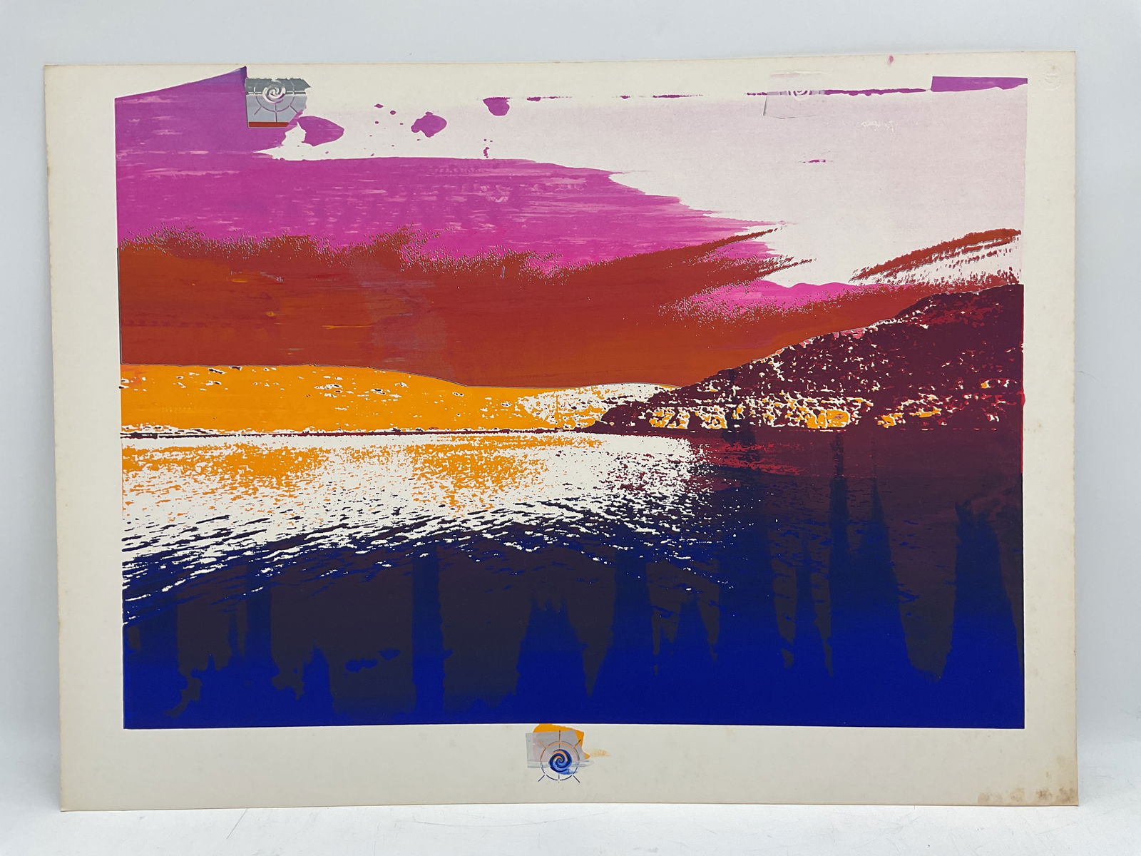 Abstract Coastal Landscape: Vivid artwork depicting a coastal landscape with bold horizontal layers of magenta, orange, and cobalt blue. The textured composition captures the glow of reflected light on water, merging natural