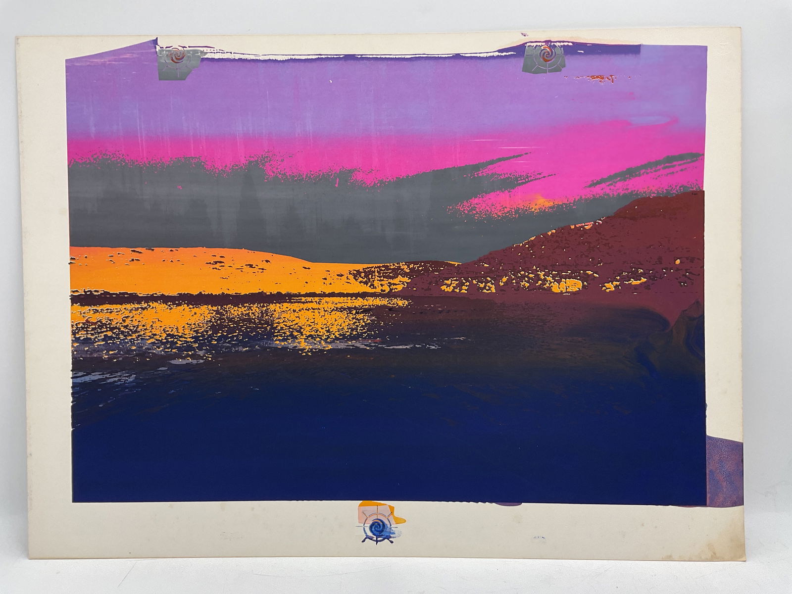 Vibrant Abstract Seascape: Expressive artwork depicting a vivid coastal scene in saturated hues of magenta, orange, and deep blue. Layered textures and blended tones create the effect of a glowing sunset reflected on calm