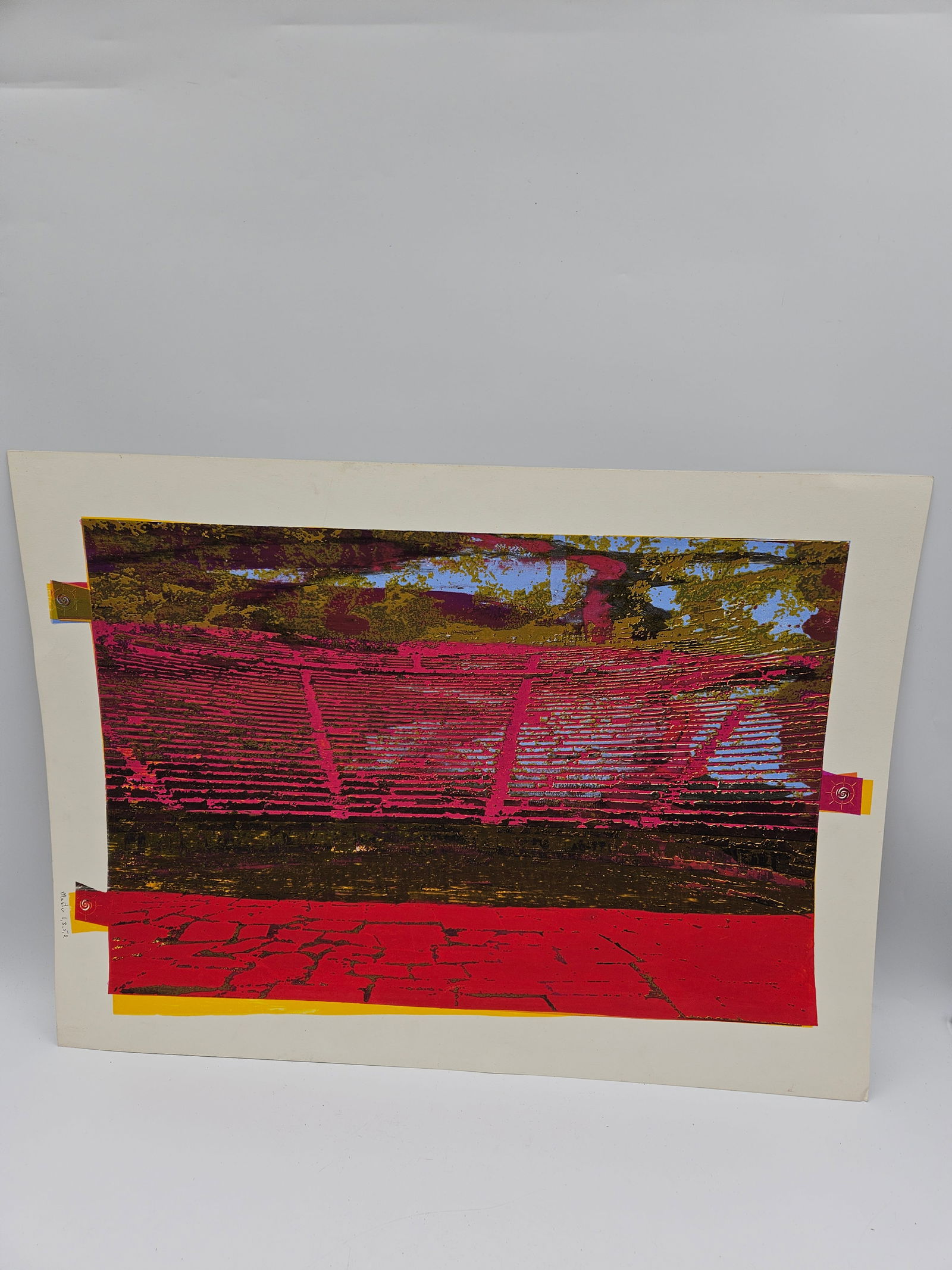 Abstract Red and Yellow Geometric Composition: Contemporary abstract artwork featuring layered red and yellow geometric forms with dynamic linear patterns and contrasting textures. The composition creates depth and motion through bold color