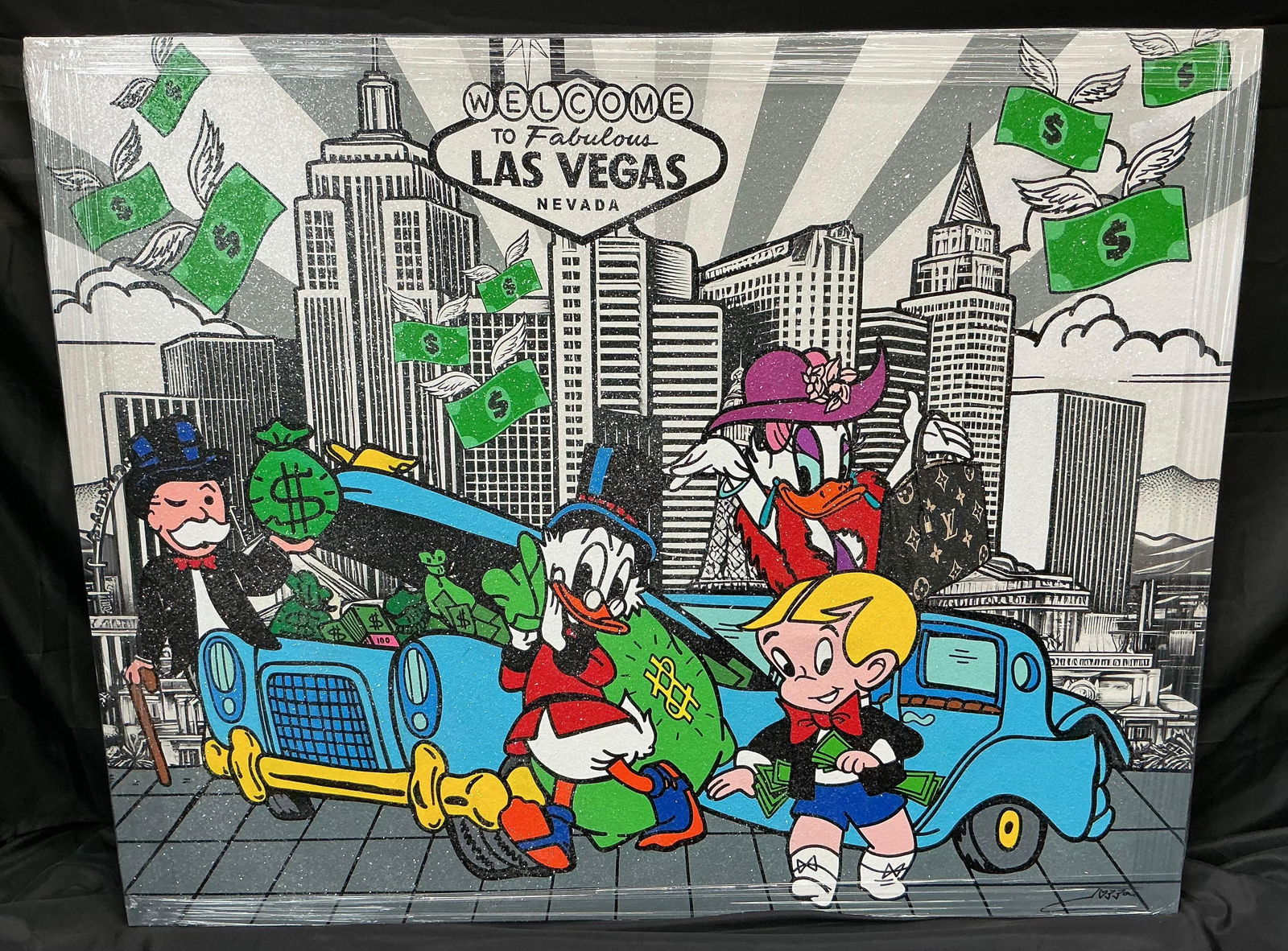 Las Vegas Cartoon Pop Art by Jozza: Colorful pop art-style painting featuring cartoon characters (including Scrooge McDuck and Richie Rich) in a Las Vegas setting, with money imagery and a limousine, set against a grayscale cityscape.