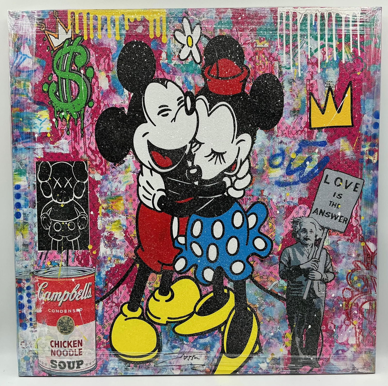 Mickey and Minnie Pop Art by Jozza: Colorful mixed media painting featuring Mickey and Minnie Mouse in a loving embrace, set against a vibrant graffiti-style background with dollar signs, crowns, and layered street art elements.