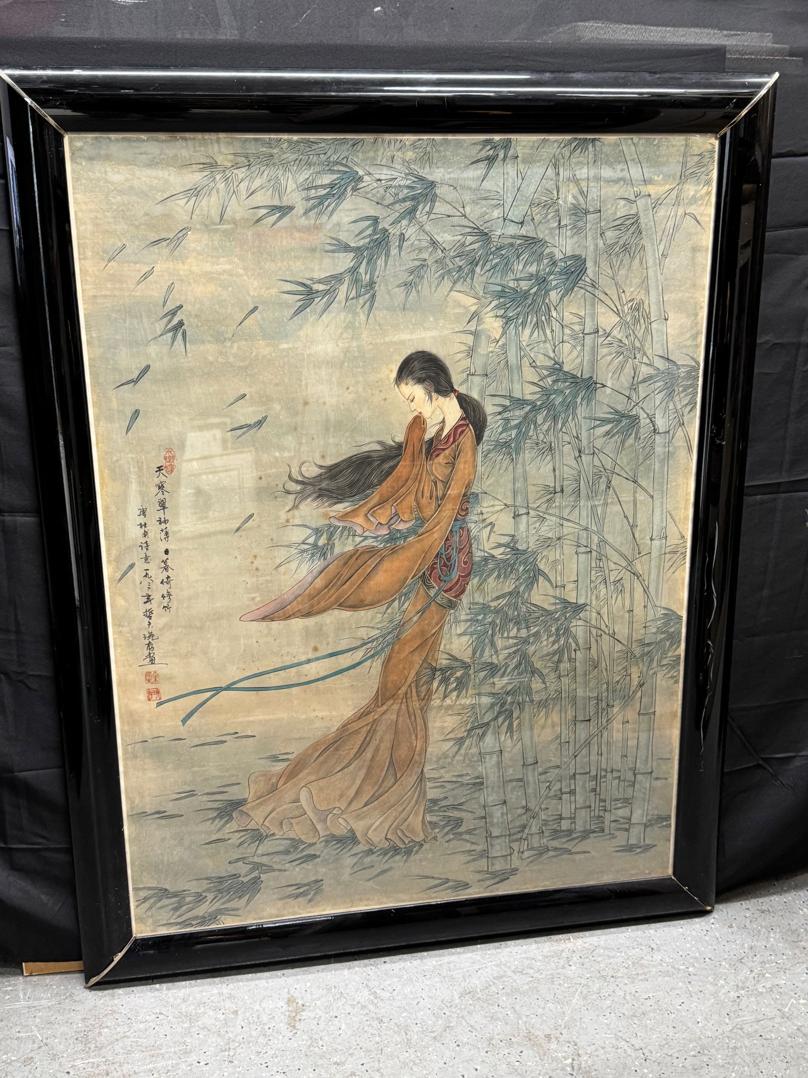 Asian Painting of Woman in Bamboo Forest: Framed Asian painting depicting a woman in a bamboo forest. Dimensions:H:53in L:43in.