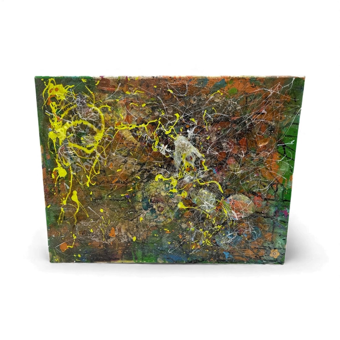 Pingo Abstract Drip Painting: Dynamic abstract drip painting by Pingo featuring energetic splashes and tangled lines of yellow, white, and dark tones over a richly layered mixed-color background. Strong movement and textured surfa