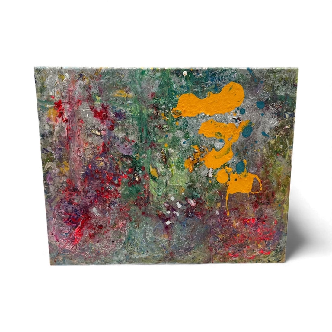 Pingo – Untitled (Vibrant Drip Composition): A dynamic mixed-media work by Pingo featuring a richly worked surface of greens, reds, and purples, energized by bold yellow drips that cut through the composition. The layered texture and splattered