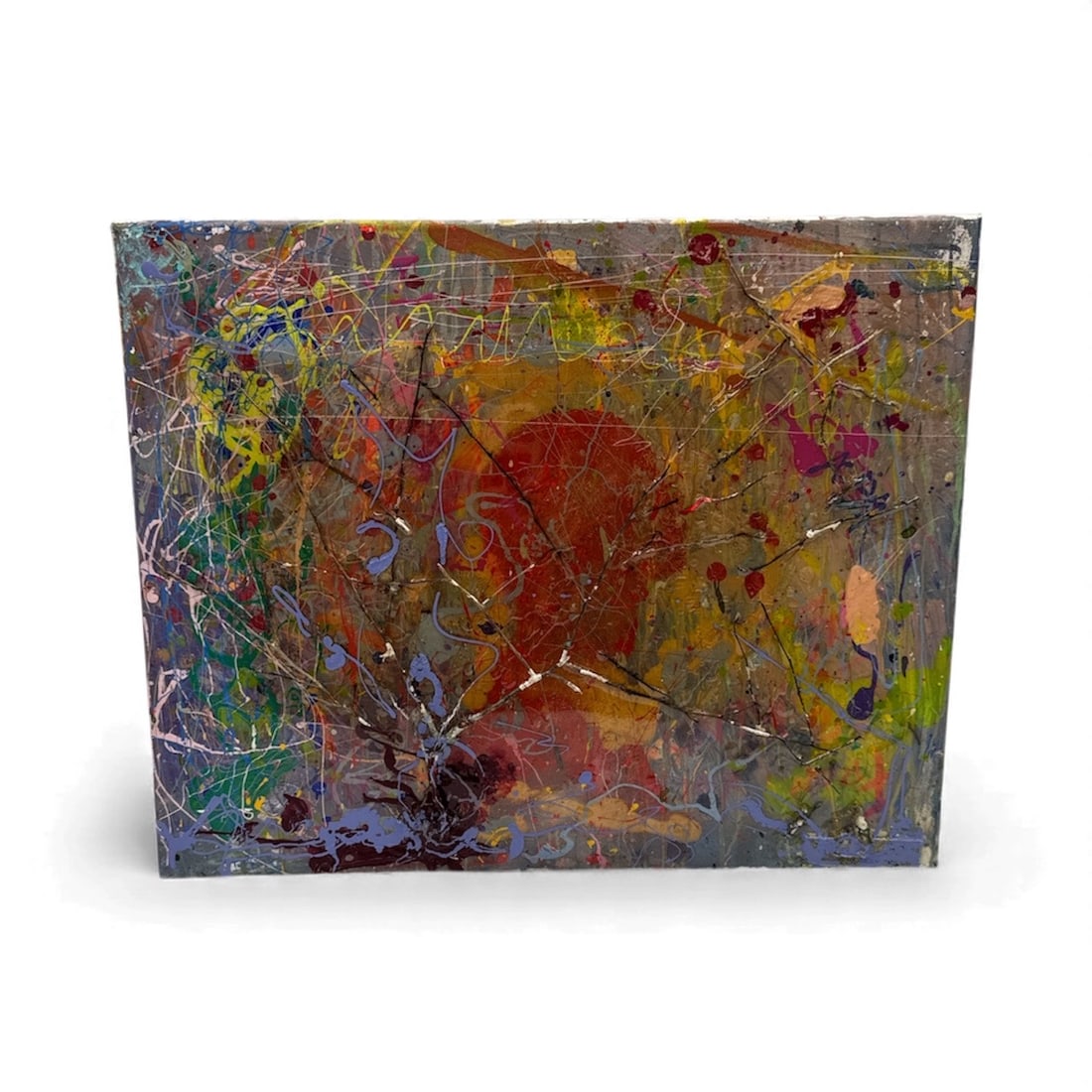 Pingo – Untitled (Red Bloom): A vivid, energetic composition dominated by a warm red bloom at center, emerging through layers of gestural splatters and textured strokes. Electric yellows, greens, and violets collide across the sur