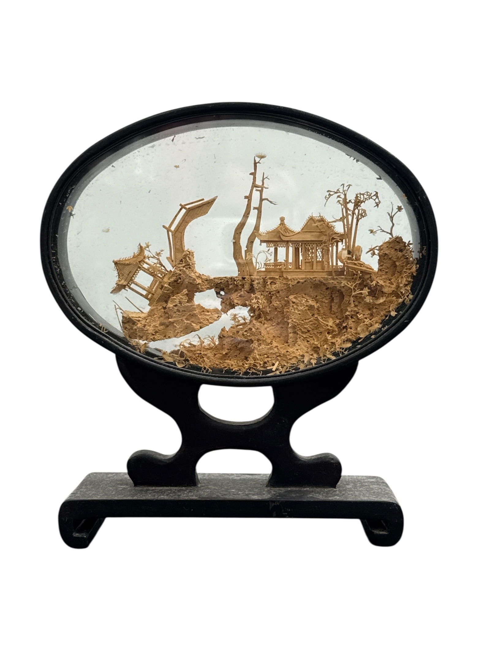 Chinese Cork Diorama Scene in Oval Glass Display on Stand (1 of 3)