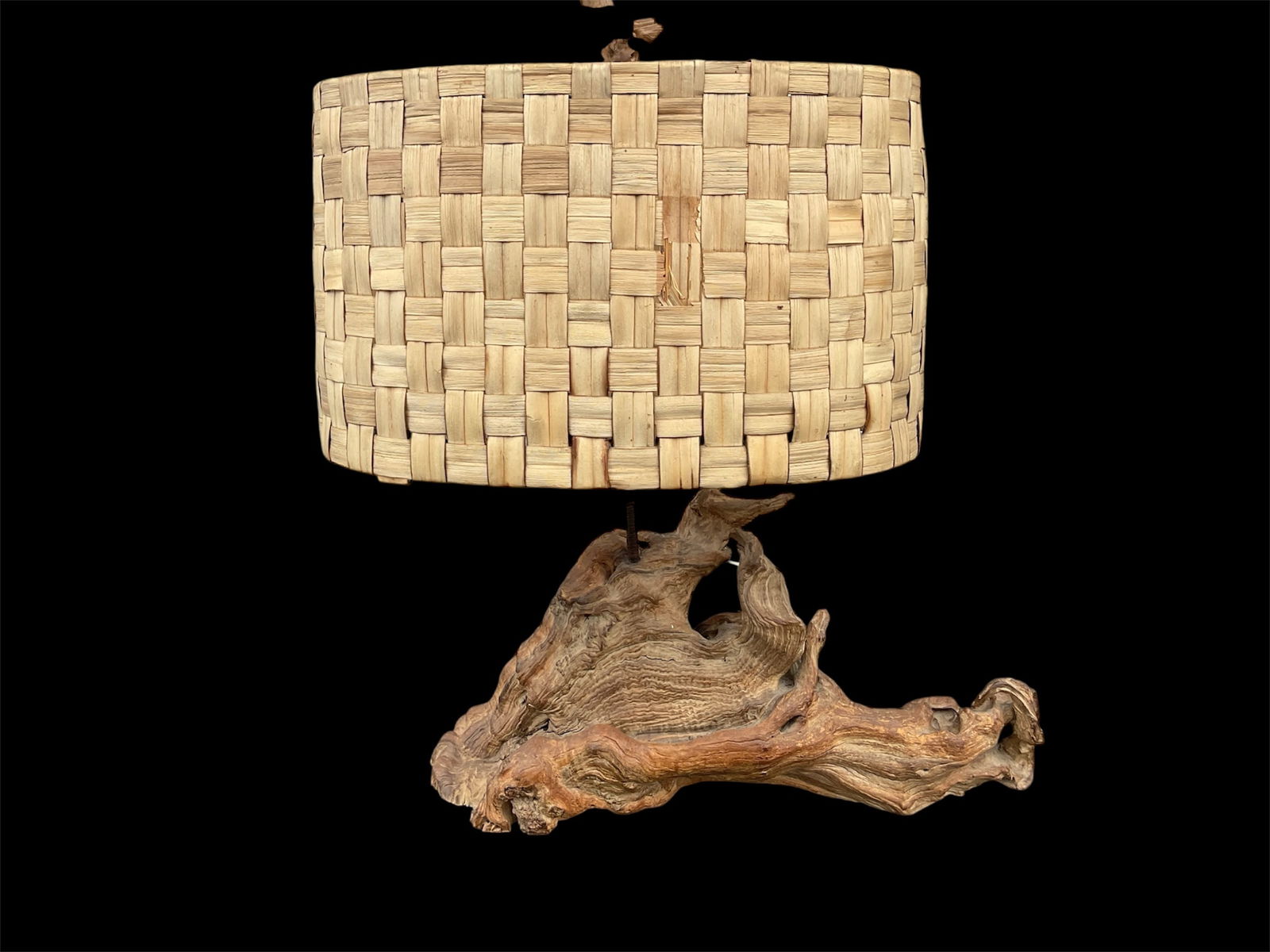 Driftwood Lamp, Key West 1952: Charming Large Mid-Century Driftwood Table Lamp features a highly sculptural and organic base crafted from authentic driftwood, showcasing natural textures and form. The piece is complemented by