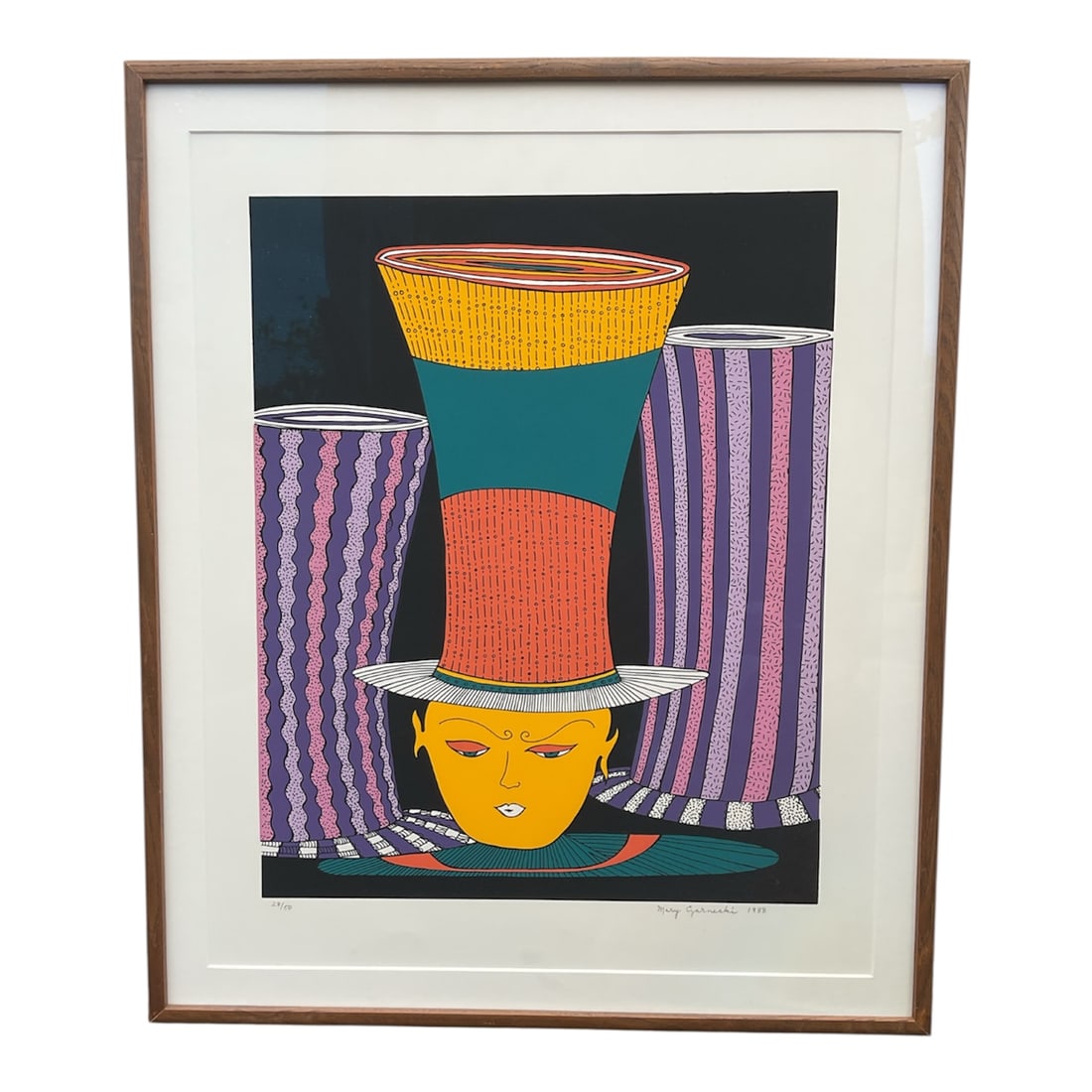 The Hat - Mary Garnecki L.E. 28/50 1988: \Mary Garnecki is an artist known for her vibrant and often surrealist-influenced works, frequently featuring elongated figures and bold, patterned compositions.The artwork in the image,