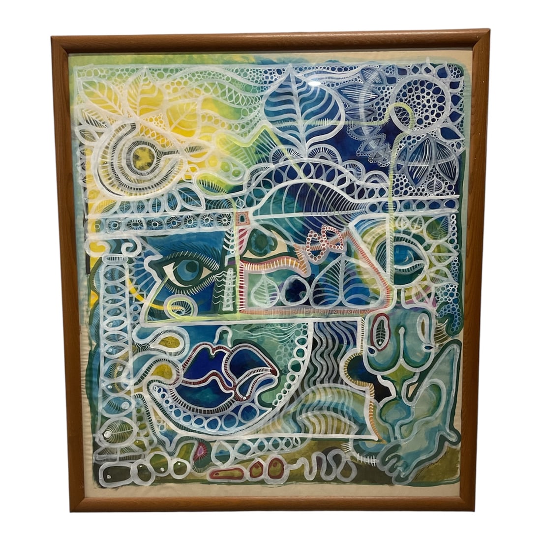 Large Abstract Face - Jesus Doval, 1990: This vibrant abstract painting, by Jesus Doval, features an intricate, layered composition rich in symbolism and decorative detail:Visual and Symbolic DetailsComposition and Subject: The