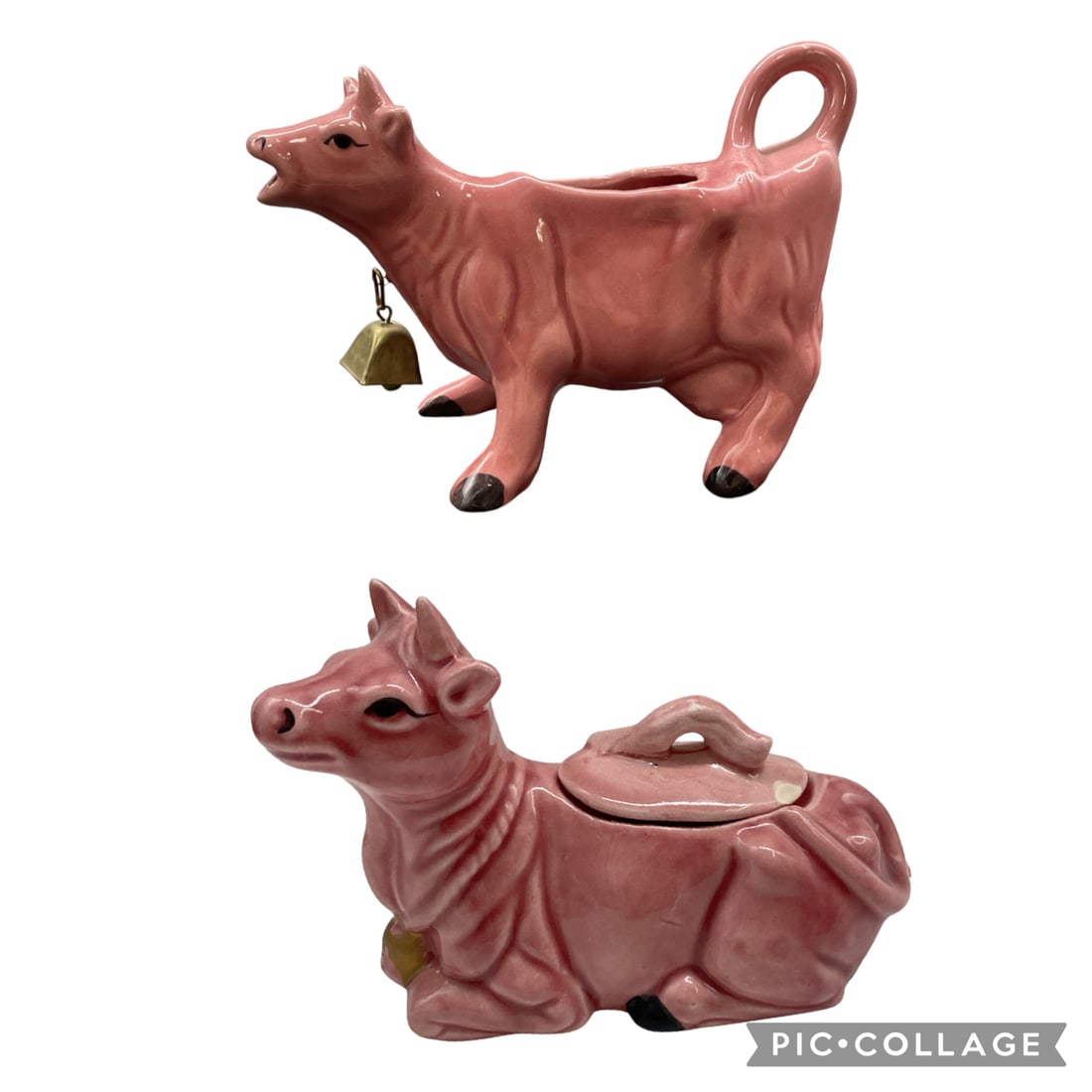 Vintage Kenmar Pink Glazed Cow Creamer and Sugar Bowl Set: Vintage Kenmar Pink Glazed Cow Creamer and Sugar Bowl Set, typically made of ceramic with a pink glaze, featuring a dangling bell on the creamer Dimensions: 4X6X3 & 5X7X2