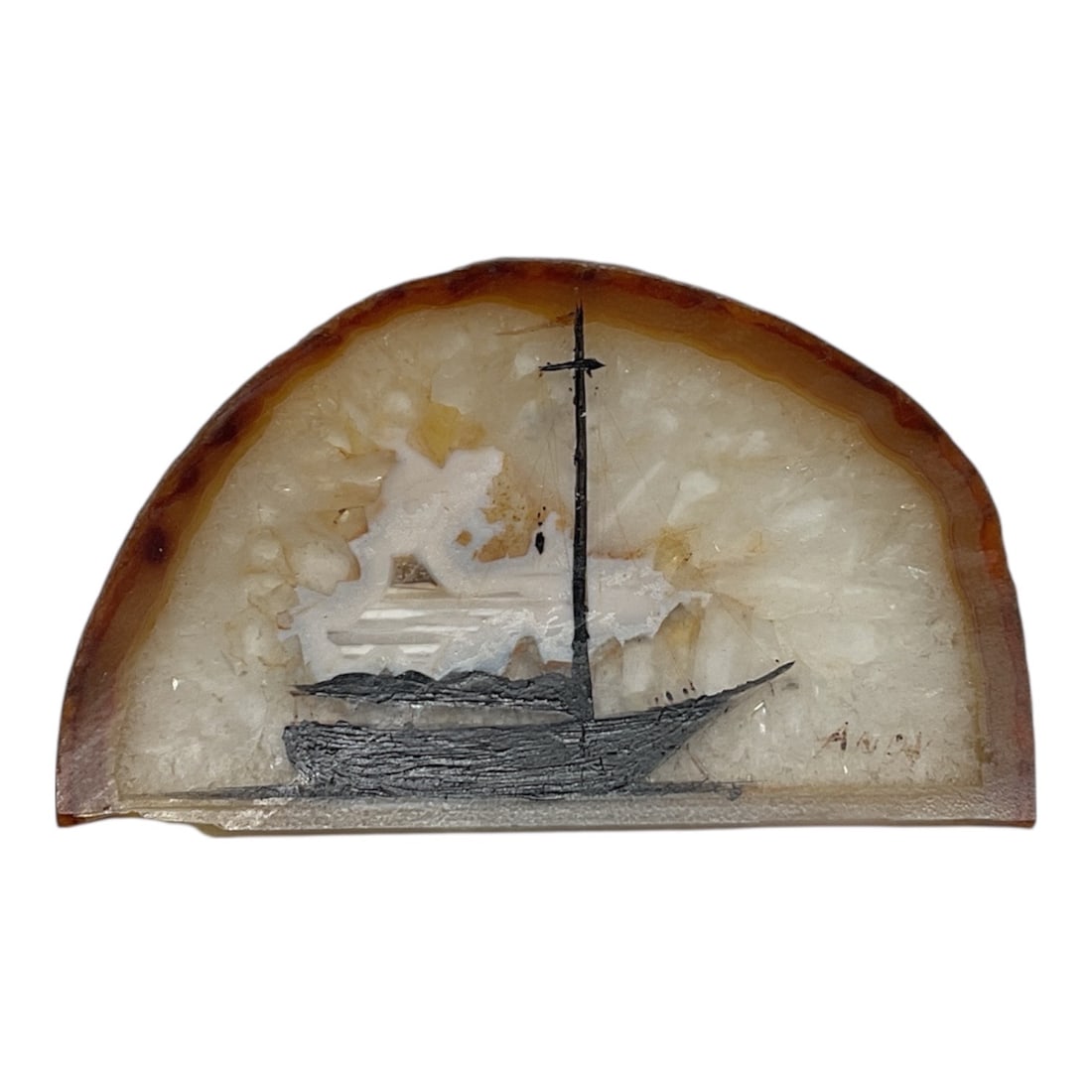 Sailing Vessle on Stone, Signed, Artist Unknown: Subject: A detailed sailing vessel with a prominent central mast, possibly a schooner or traditional junk, shown in profile against a background that suggests a rocky coastline or