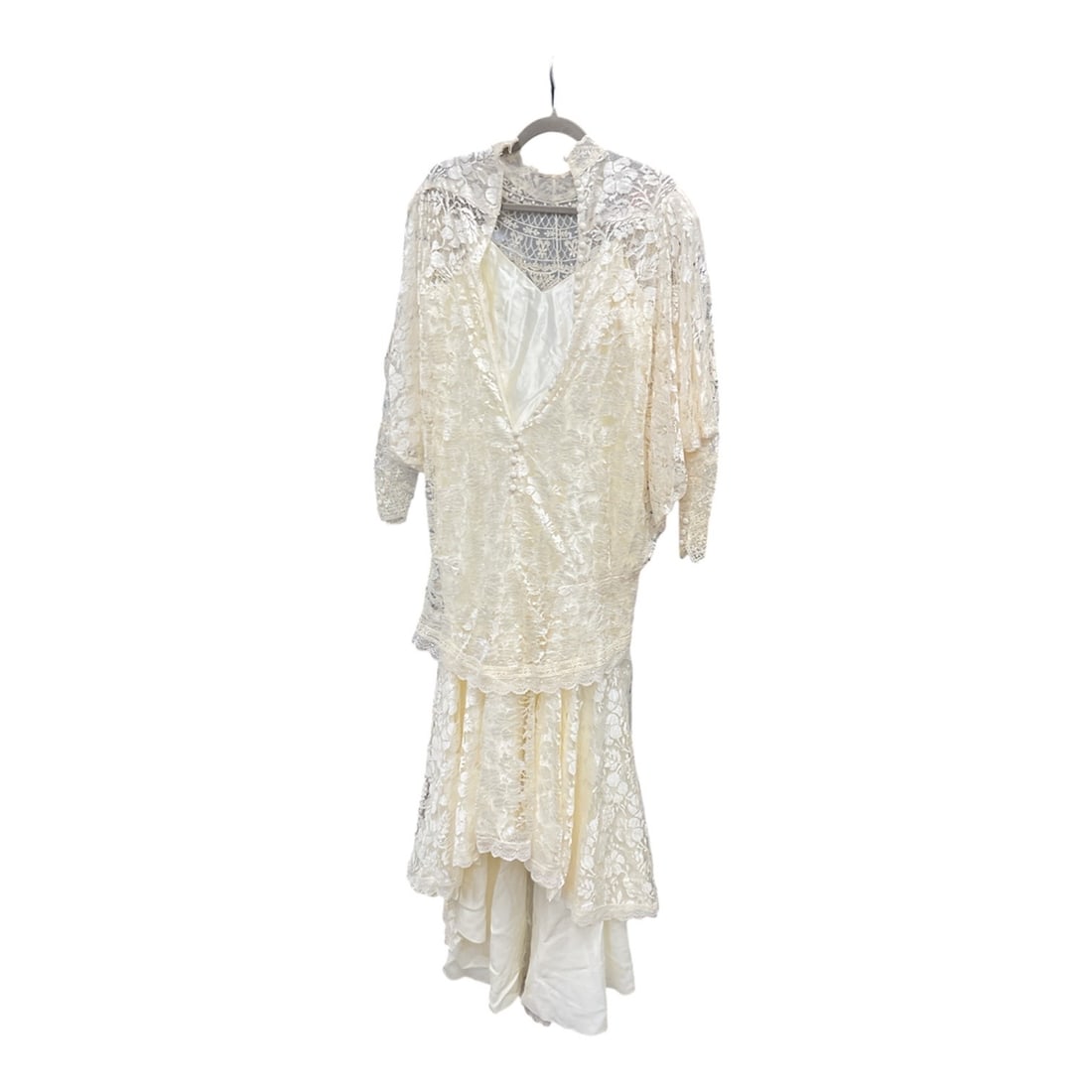 Spencer Alexis Momen's Ivory Lace Dress: Spencer Alexis women's ivory lace dress set features intricate beaded detailing.Possibly Medium*