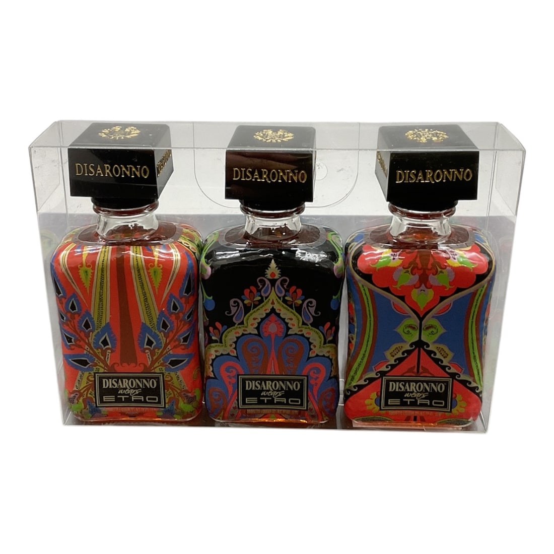Disaronno Wears Etro Limited Edition Miniature Gift Set: Disaronno Wears Etro Limited Edition Miniature Gift SetThis collectible set features three 50ml (5cl) miniature bottles of Disaronno Originale Italian Amaretto liqueur, each adorned with a