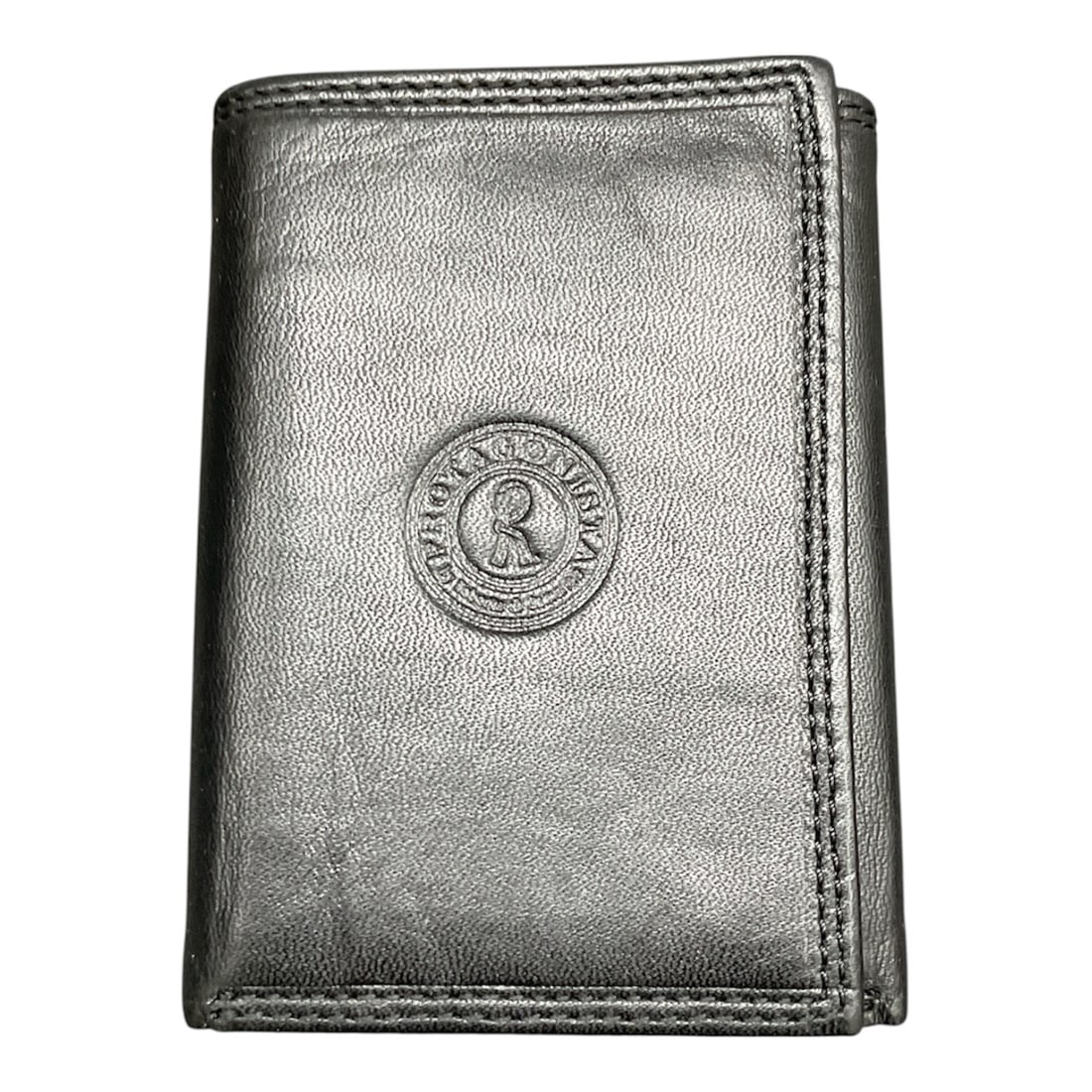 Roberta di Camerino Protagonista Black Leather Wallet with Box: Classic black leather wallet by Roberta di Camerino from the Protagonista line. The exterior features a smooth black finish with stitched trim and the brand’s signature circular logo emblem cent