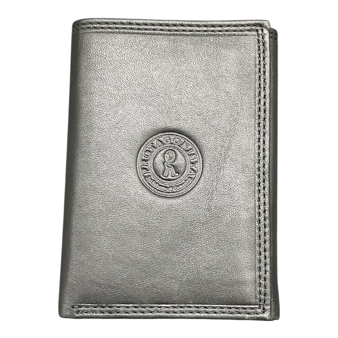 Roberta di Camerino Protagonista Black Leather Wallet with Box: Classic black leather wallet by Roberta di Camerino from the Protagonista line. The exterior features a smooth black finish with stitched trim and the brand’s signature circular logo emblem cent